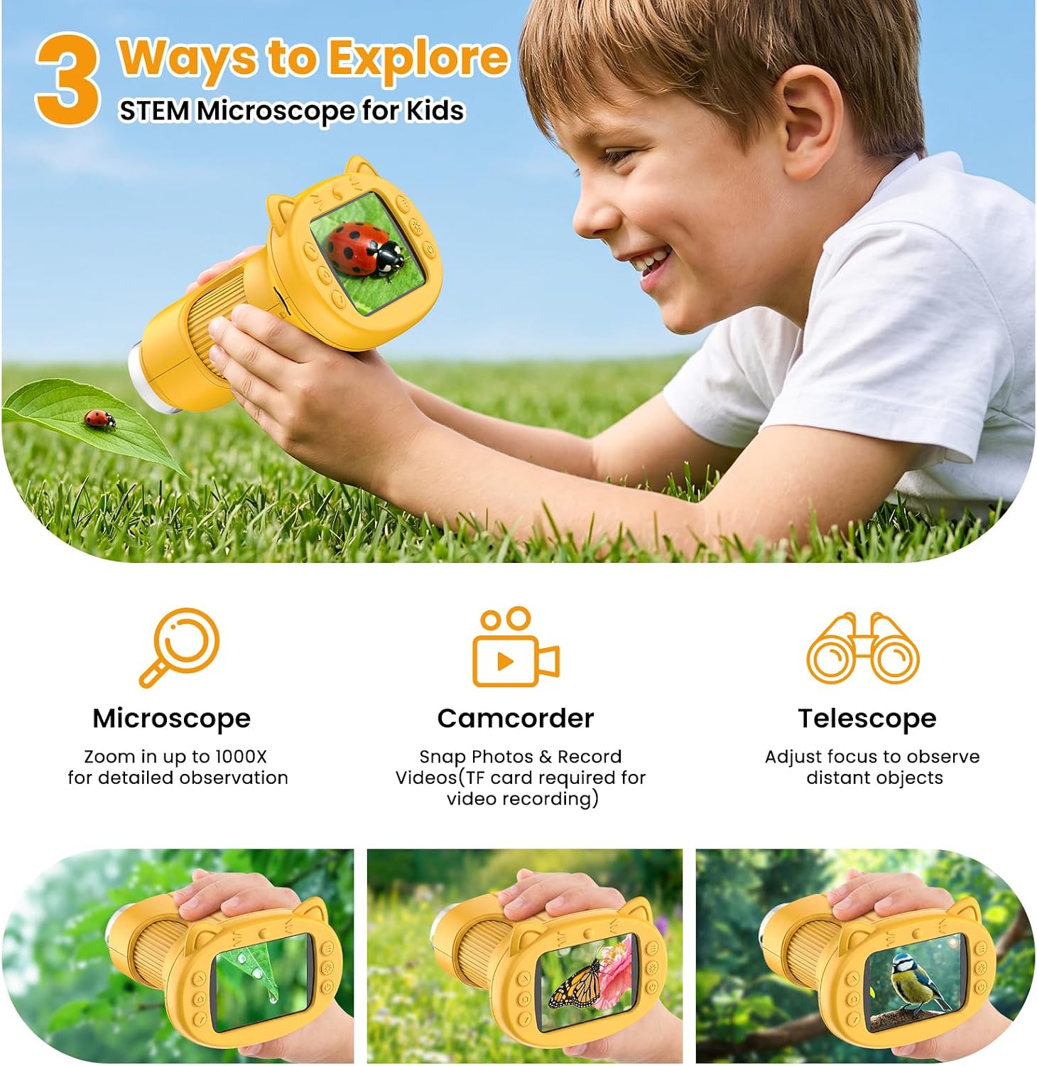 Alotwan Kids Microscope Handheld, Digital 1000X, 2.4" HD Screen | Pocket Size, Miniscope, Camera, Magnifying Glass, Outdoor Play, Science STEM Toys, Gifts for 3+ Ages, Yellow