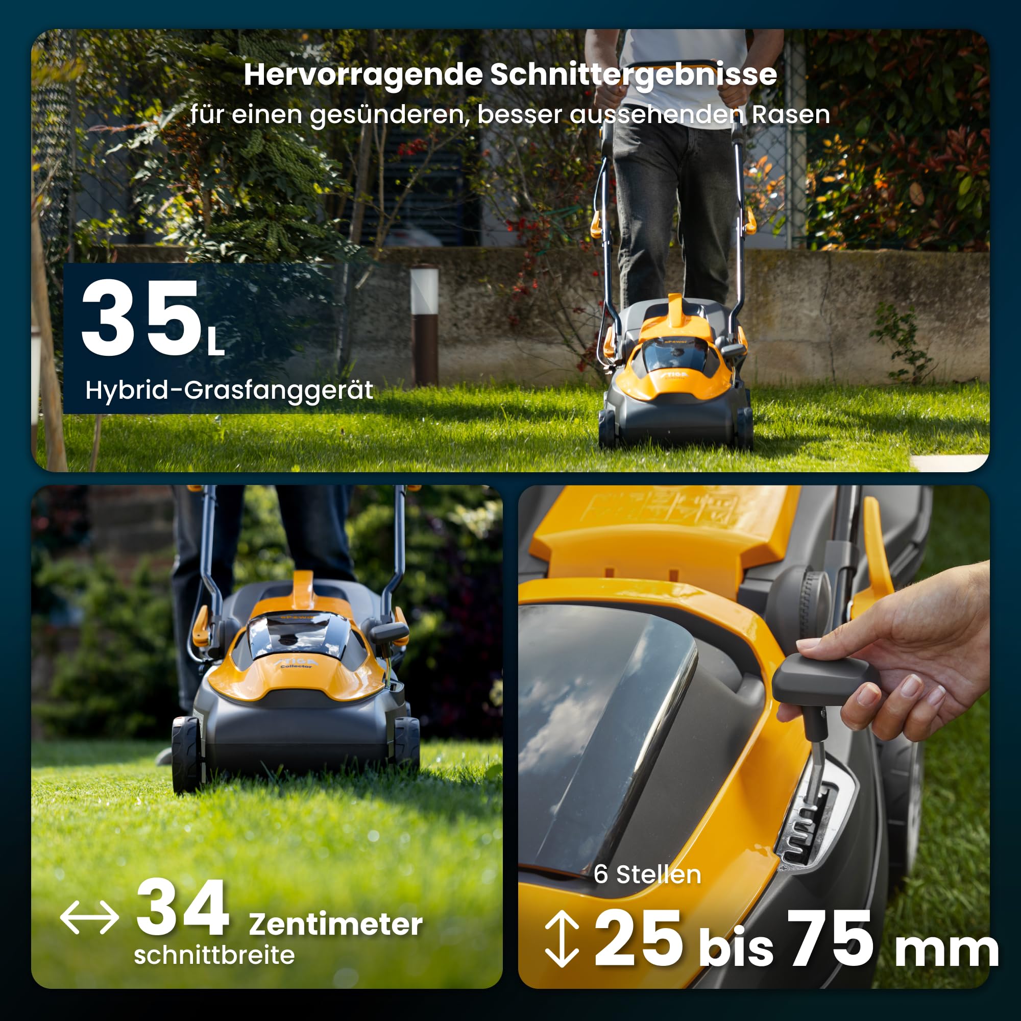 STIGA 136e Collector 136e Kit Akku-Rasenmäher, 20 V, 34 cm – 2 Akku 2 Ah + Ladegerät, Klappbar, Hybrid-Fangsack – Rasenflächen bis 250 m²