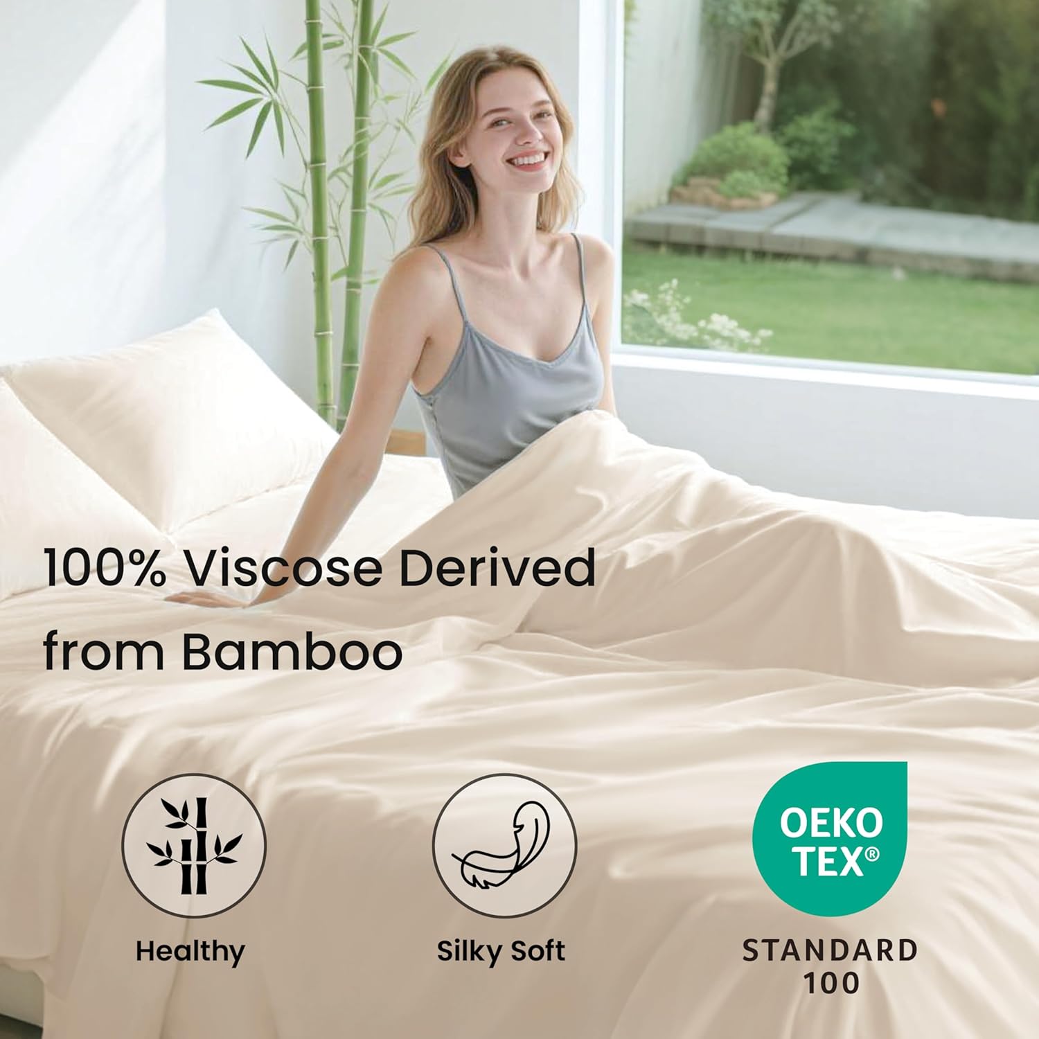 Love's cabin 4 Piece Full Size Sheet Set, Cooling Sheets, 100% Rayon Derived from Bamboo, Breathable & Soft Full Size Bed Set, Deep Pocket Up to 16", Hotel Luxury Silky Bedding Sheets, Beige - Image 2