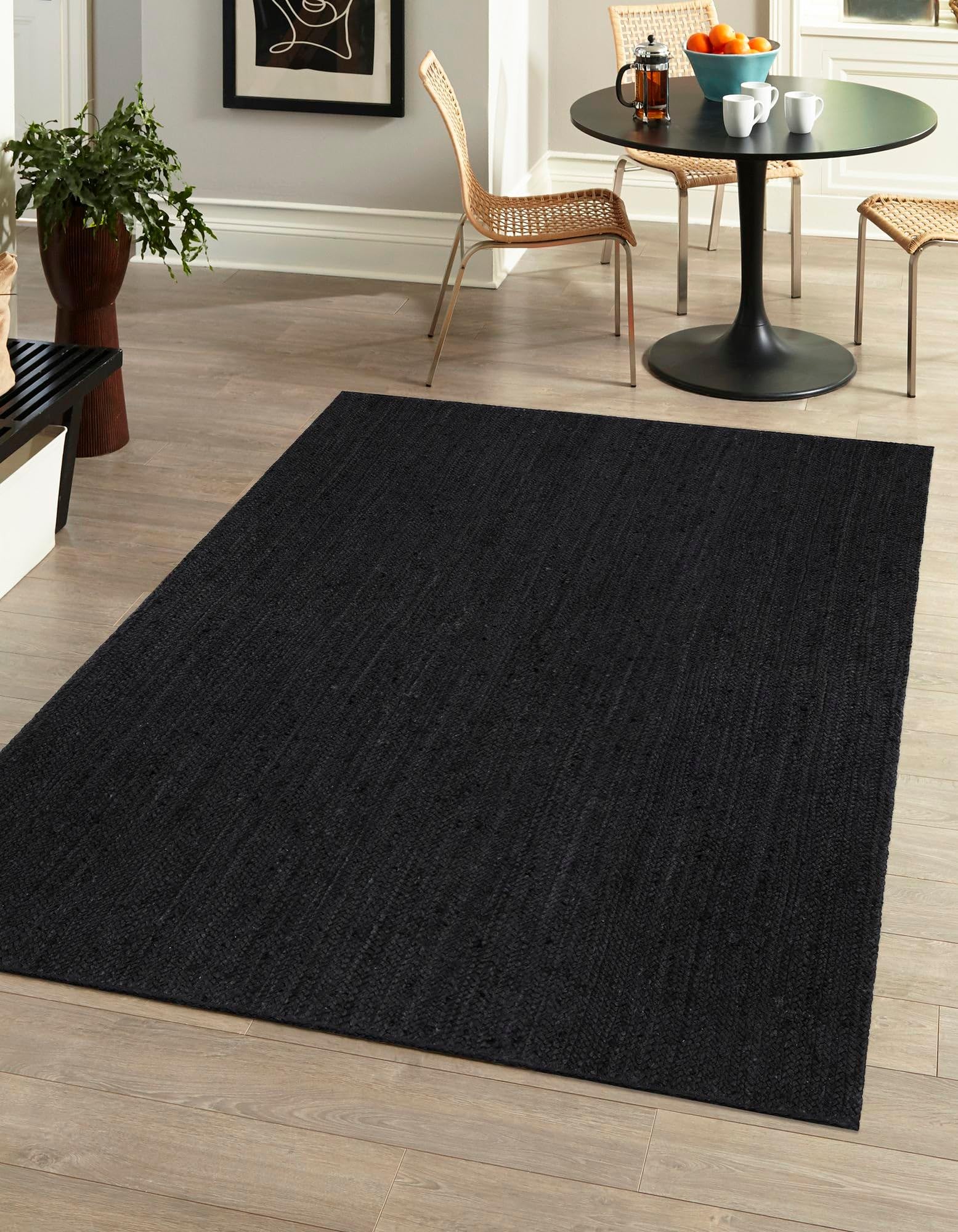Tapis indien en jute naturelle tressé à la main - Noir - Fibre naturelle - Durable - 150 cm x 240 cm