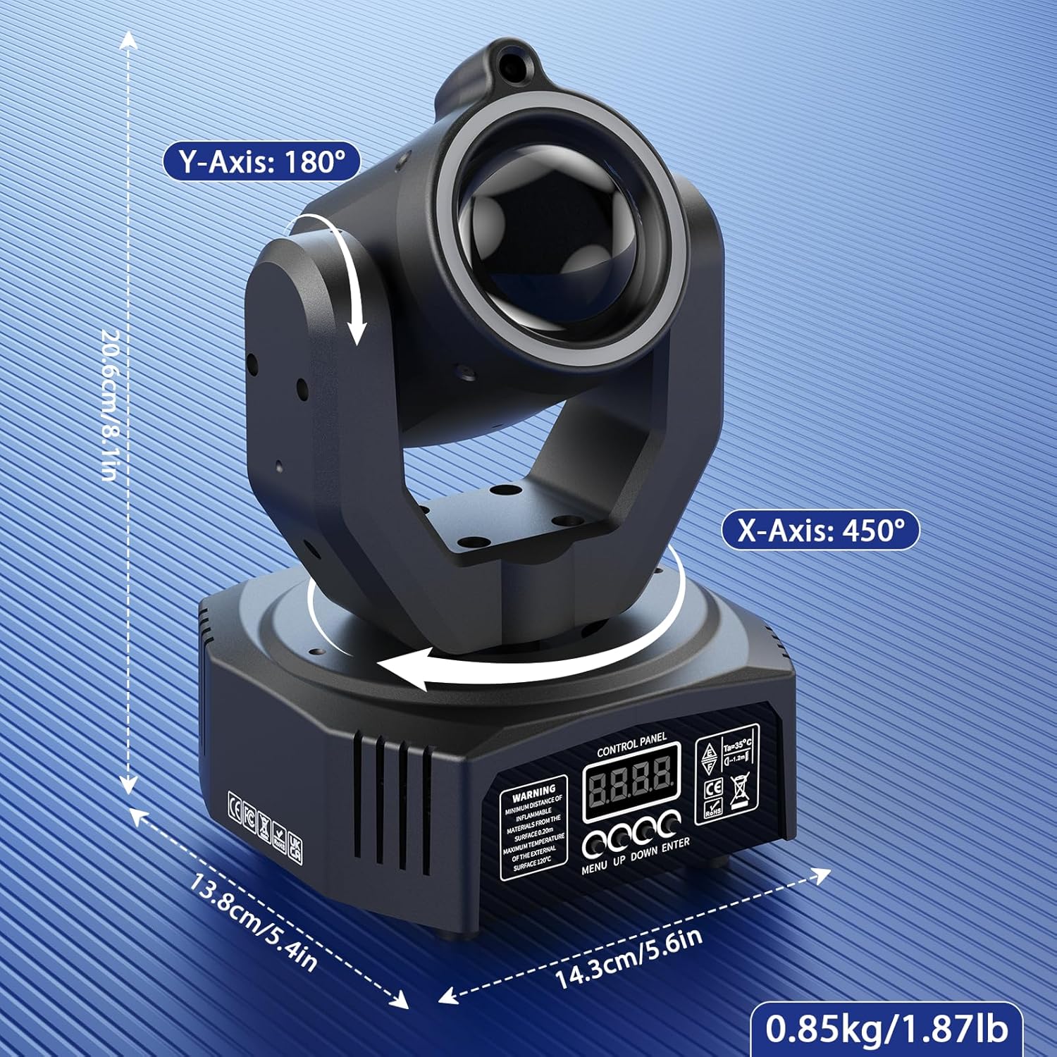 Diagram showing the X-Axis (450°) and Y-Axis (180°) movement of the moving head light.
