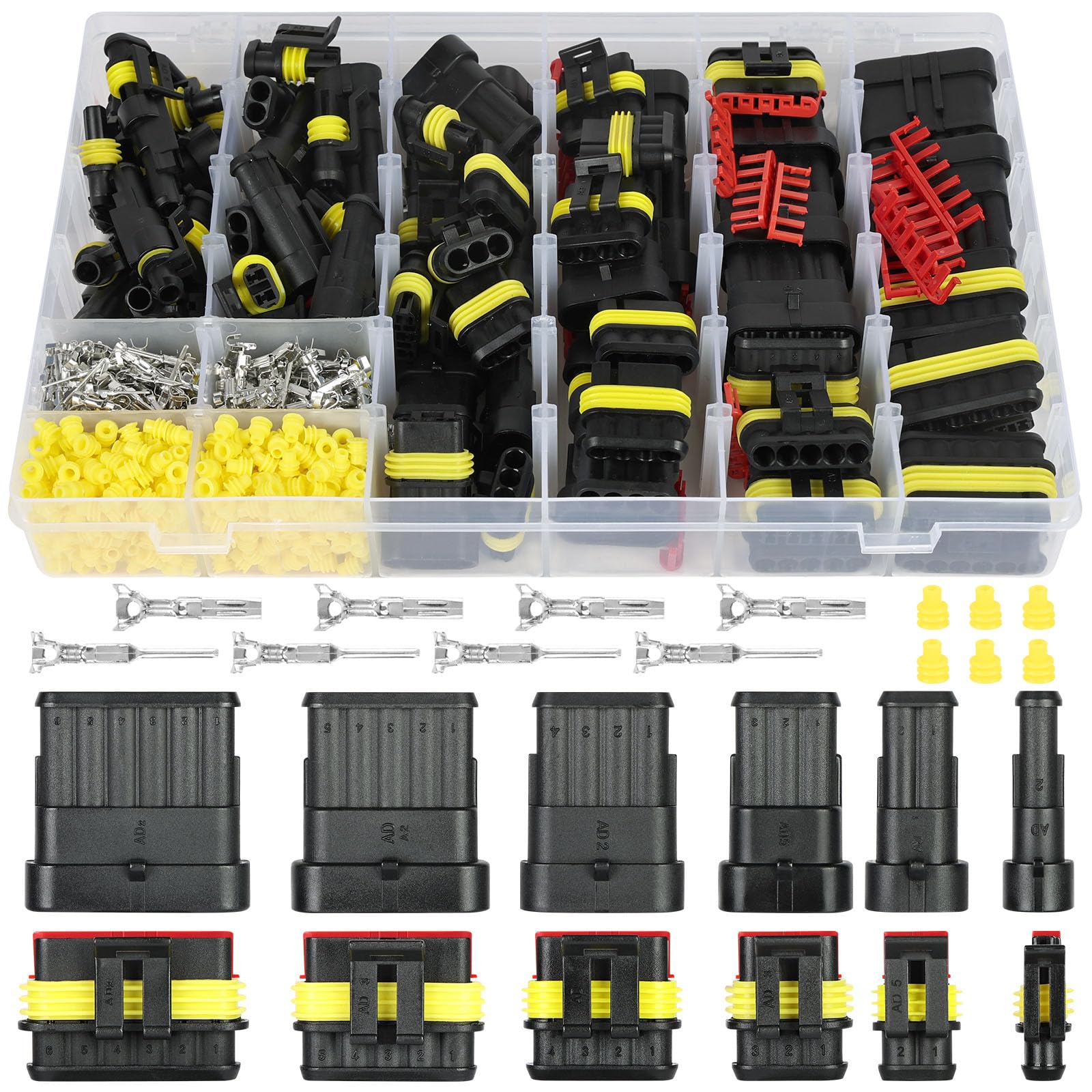 URAQT 730 Piezas Conector Electrico Impermeable para Coche, Conectores Sellado, 1/2/3/4/5/6 Pines Clavija Conector, Kit de Conector para Coche para Coche Scooter Camión Motocicleta Barcos