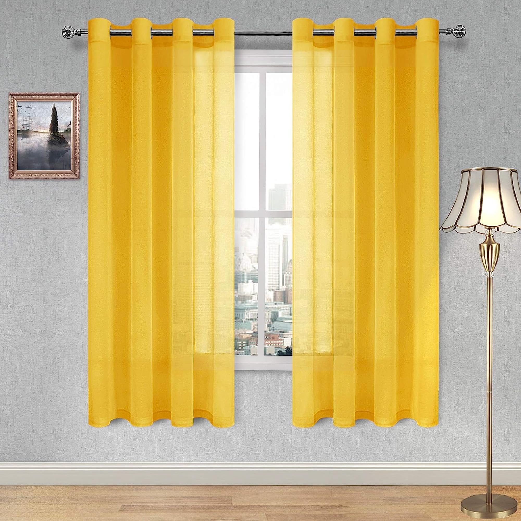 DWCN Yellow Faux Linen Sheer Curtains - Grommet Voile Window Curtain Drapes for Bedroom Living Room 52 x 72 inches Long, Set of 2