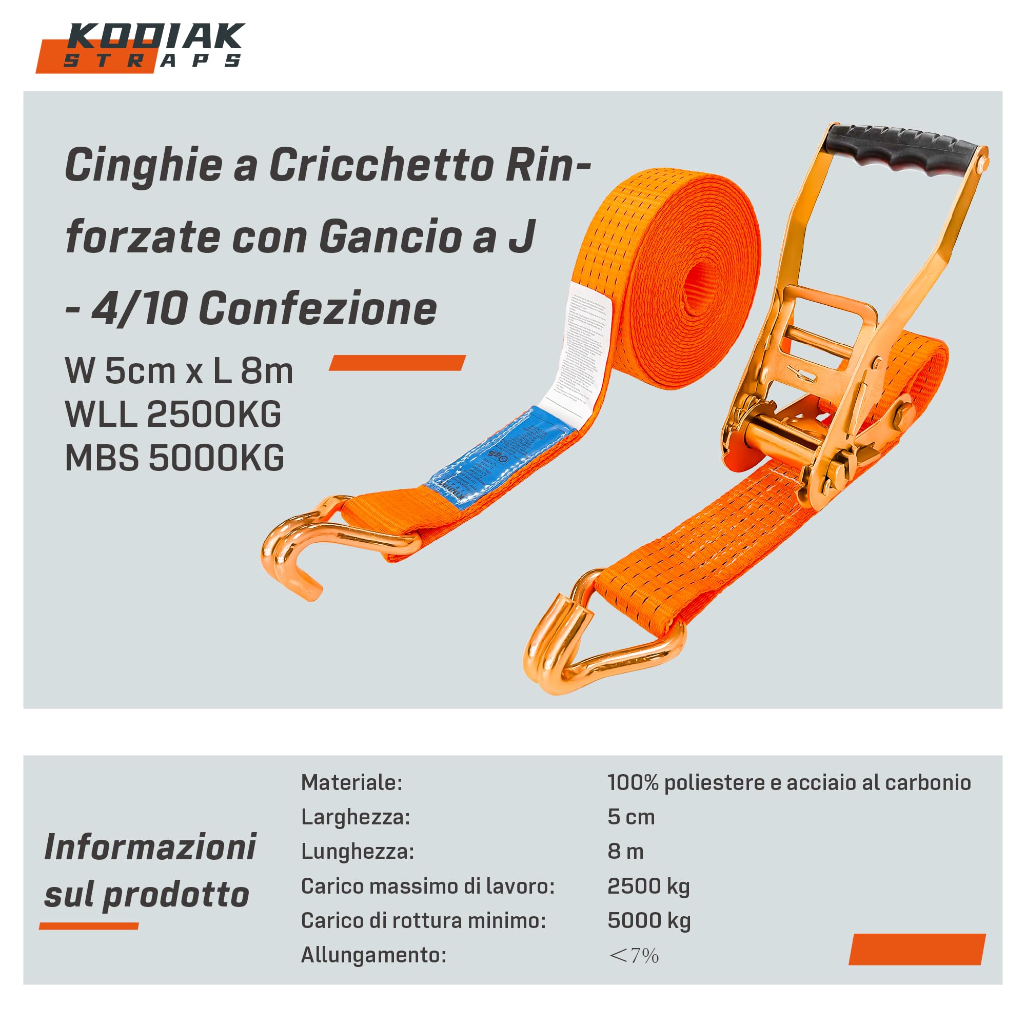 4 Cinghie di Tensione 8m x 4000kg con Cricchetto e Ganci - Cinghie a Cricchetto da 50mm - Cinghia Arancione per la Sicurezza del Carico - Certificato TÜV/GS e secondo DIN EN 12195-2 - KODIAK STRAPS