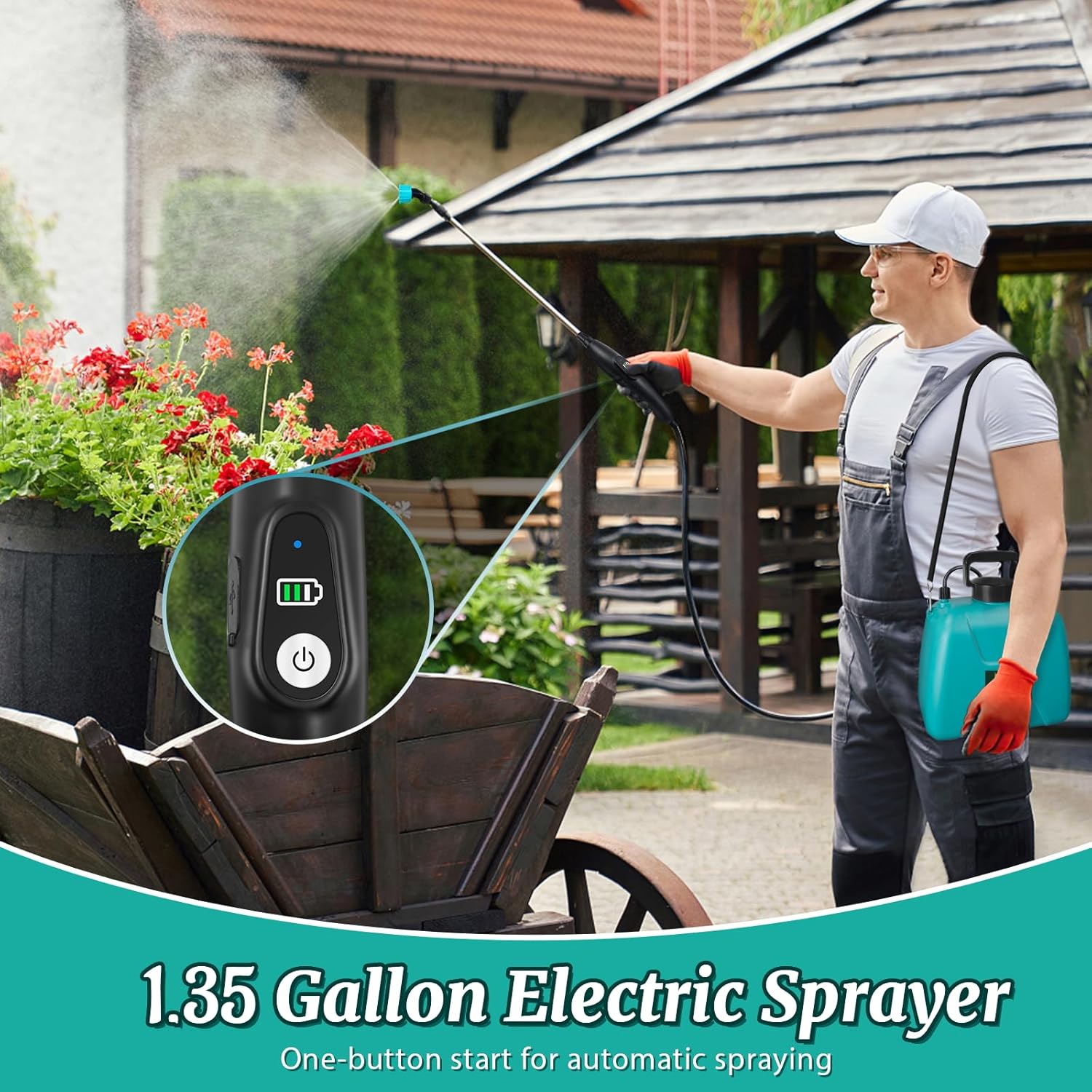 1.35 Gallon Battery Powered Sprayer, Electric Garden Sprayer with Rechargeable Handle, 3 Mist Nozzles, Retractable Wand, Water Pump Sprayer with Adjustable Shoulder Strap for Yard, Lawn and Garden - Image 2
