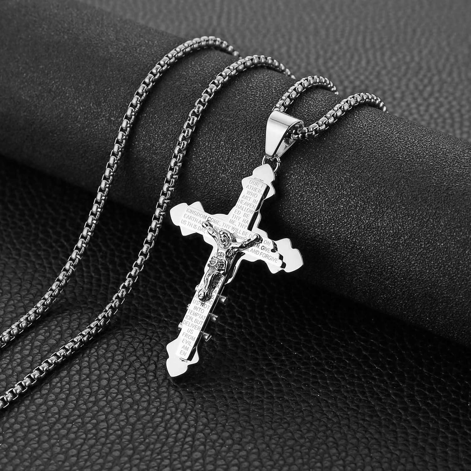 HZMAN Crucifix Cross Necklace for Men Stainless Steel Retro Inspiring The Lord's Prayer Cross Pendant Christian Faith Jewelry Gift - Image 3