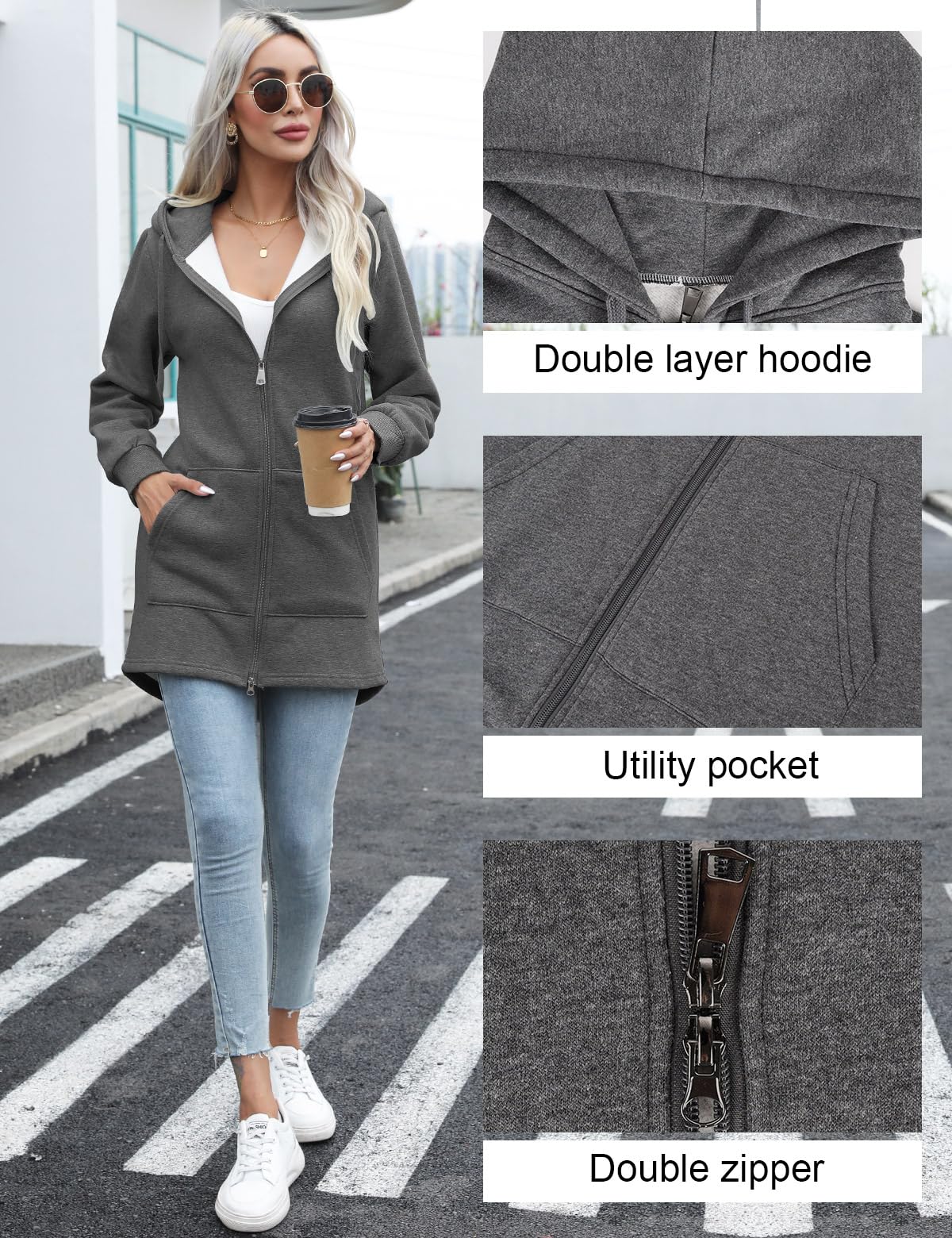 Tuopuda Donna Felpe con Cappuccio Giacca Elegante Scollo a V Top Manica Lunga Cardigan Felpe con Zip 2 Tasche Autunno Invernali Sweatshirt Cappotto Eleganti Pullover Hoodie Jumper