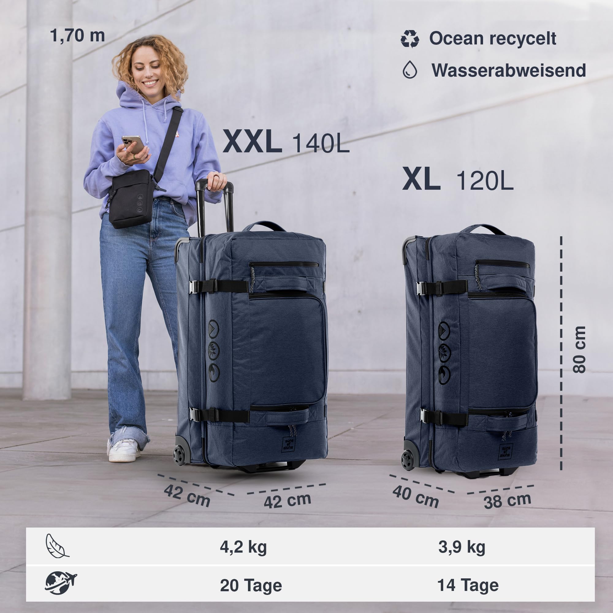 Große Reisetasche mit 2 Rollen Kane Rollkoffer 80 cm Koffer Sporttasche Reise-Trolley, recyceltes Meeresplastik