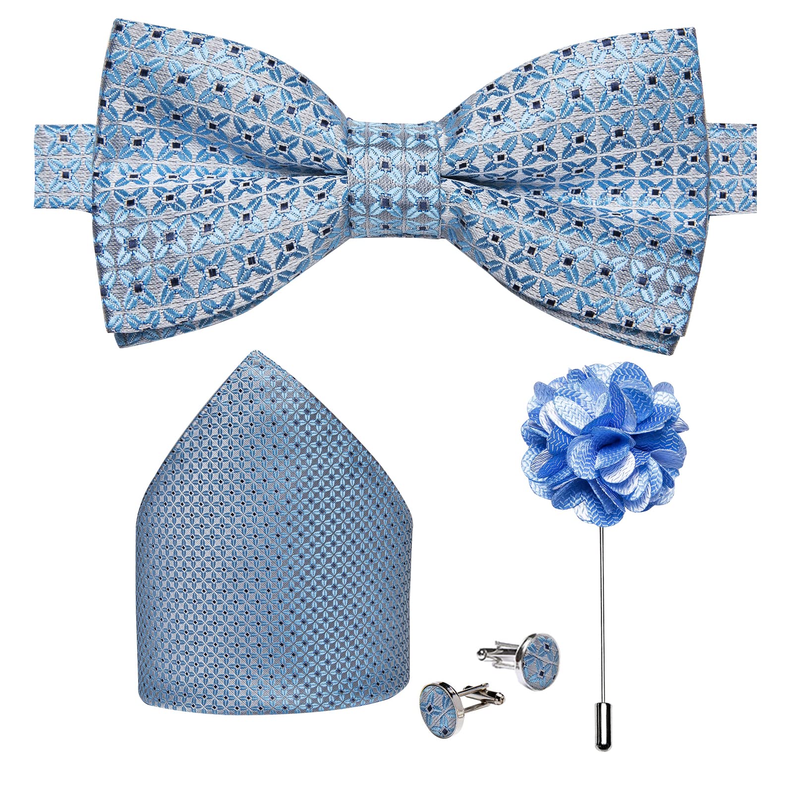 DiBanGu Silk Adjustable Pre-Tied Bow Ties for Men Light Blue Floral Jacquard Bowtie Pocket Squaare Cufflinks Set with Brooch Wedding Party Prom
