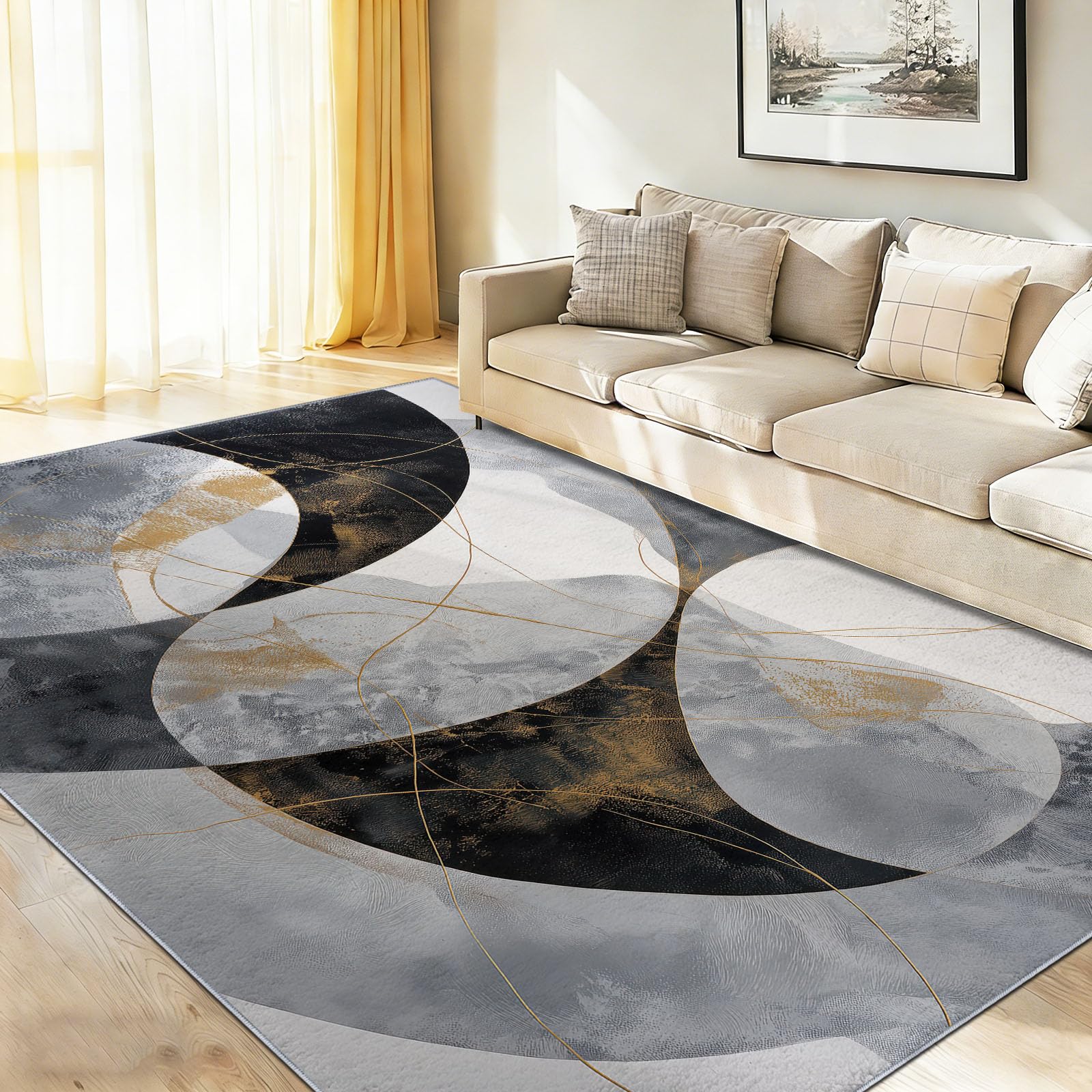 Modern Minimalistisch Kinderteppich Abstrakte Kurven Kreise, 180 x 240 cm | waschbar Pflegeleicht rutschfest strapazierfähig hautsympathisch, für Schlafzimmer Wohnzimmer Esszimmer Küchen Büro