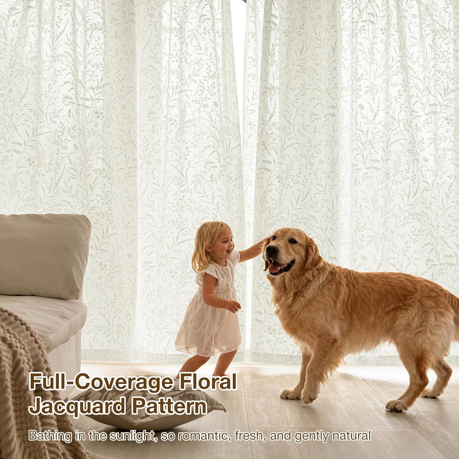 Anmao Cream Semi Sheer Light Filtering Curtains 90 Inches Long 2 Panels, Leaf Pattern Drapes for Living Room Bedroom, Rod Pocket Sheer Window Treatments with Floral Design, 52x90 Inch, Ivory