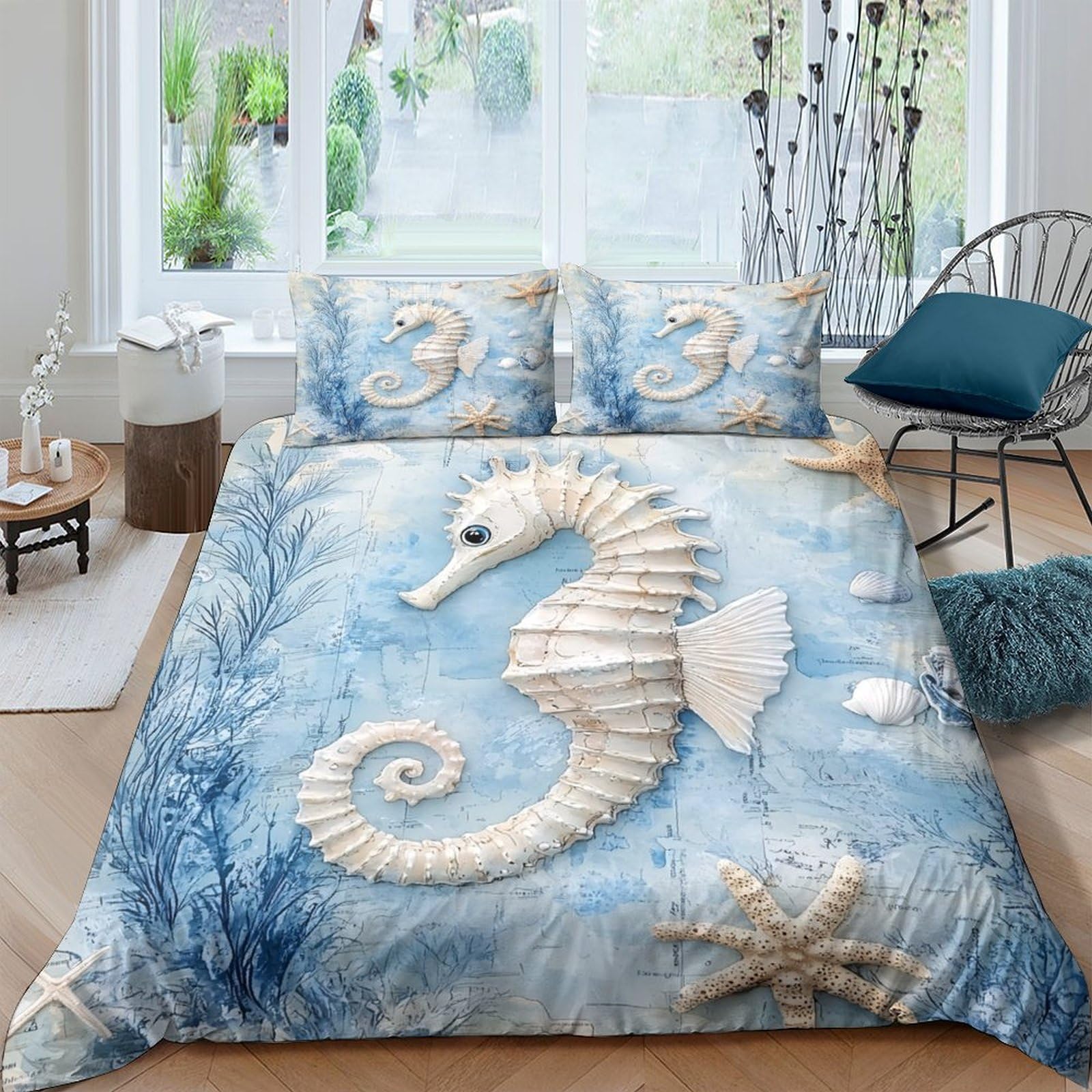 Ctjqhvkz Style-6 3D Printed Ocean Seahorse Fitted Sheet Microfiber Soft Art Blue Starfish Mattress Cover For Bedroom Dorm Decor Protection Single（135X200cm）