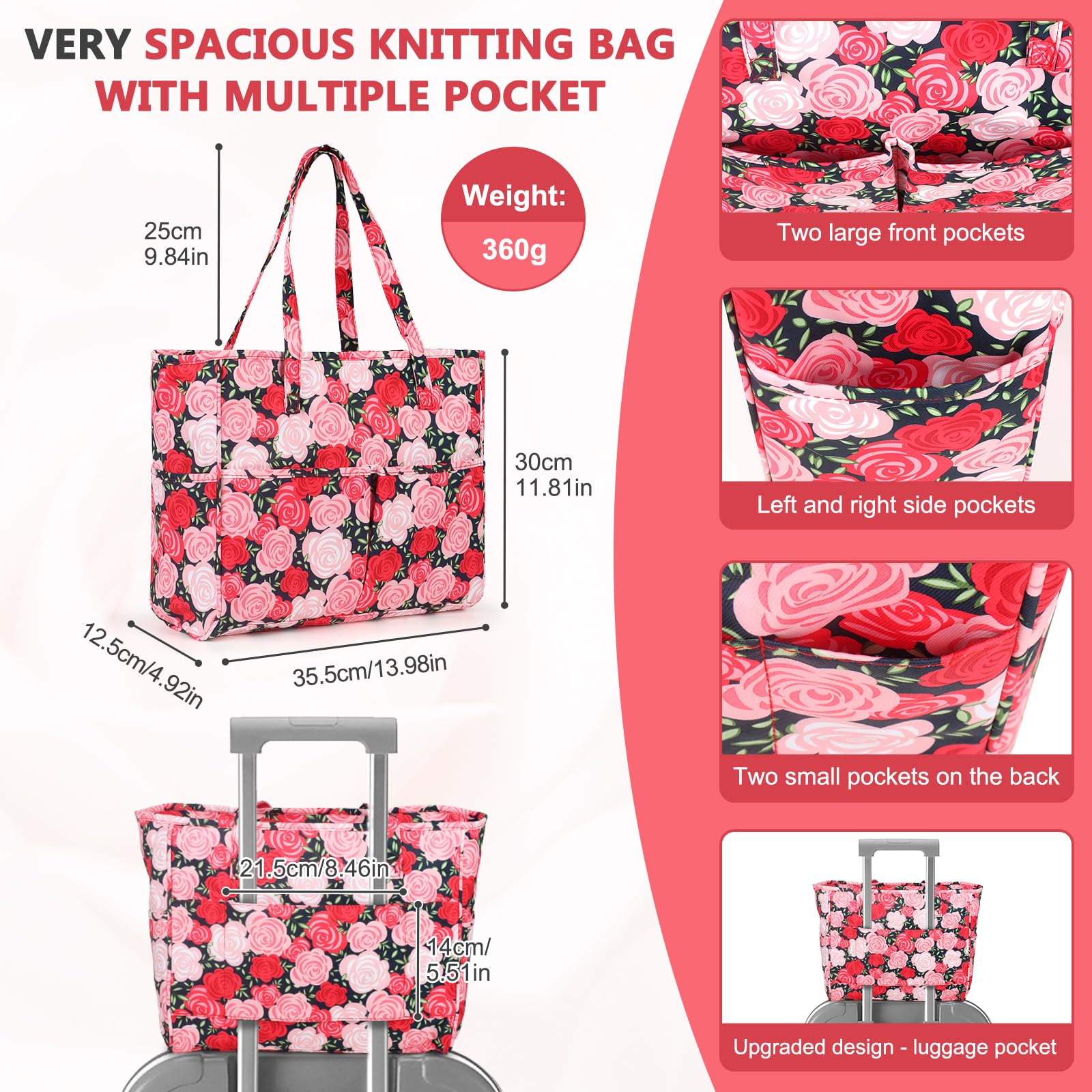Aeelike Knitting Tote Bag, Large Craft Bags with Compartments - Image 2