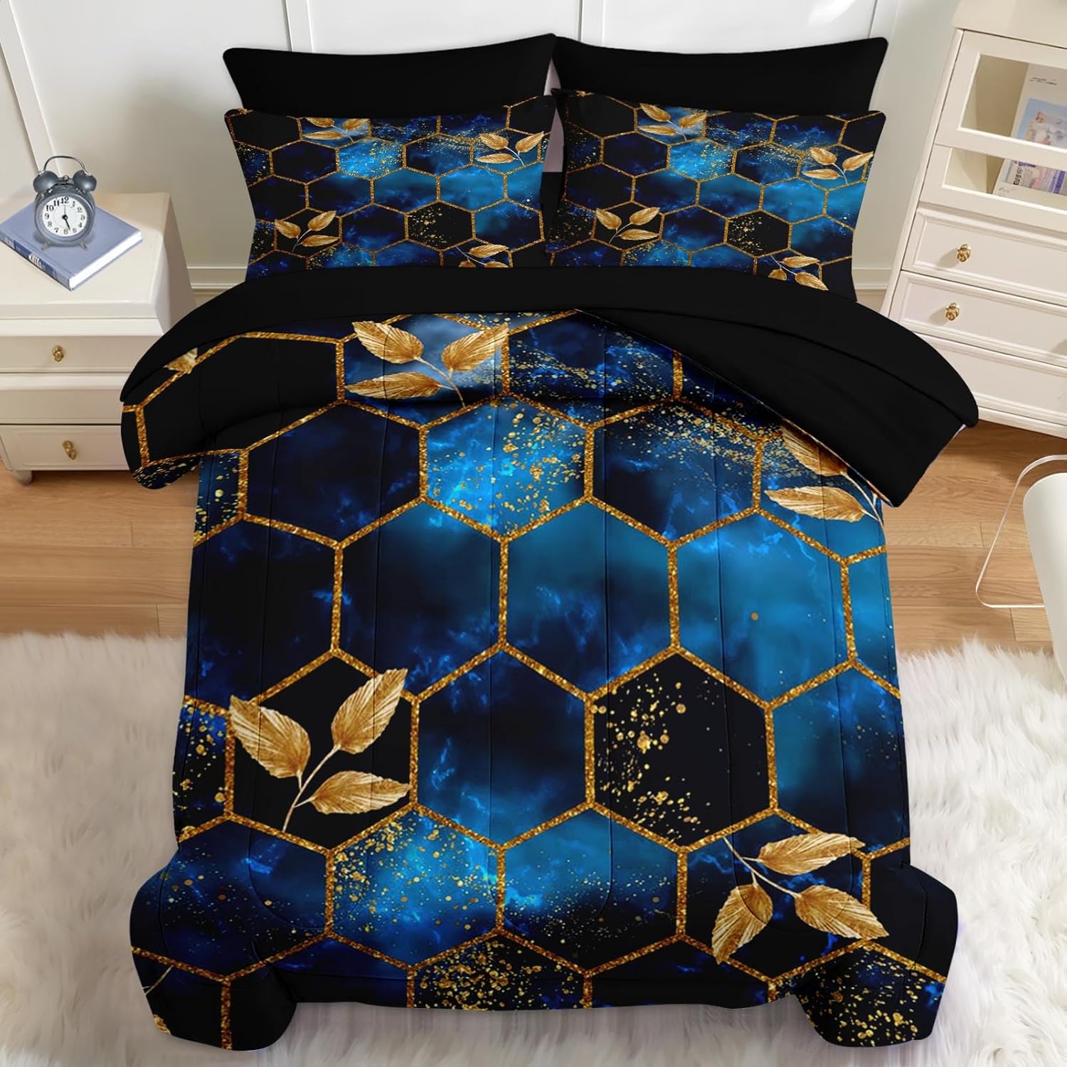 Nesker Comforter Set Queen Size, Luxury Geometric Hexagon 7 Pcs Bedding for Kids and Adults, Navy Blue Gold Marble Leaves Bed Sheet Sets with Fitted Sheet 2 Pillowcases & 2 Shams