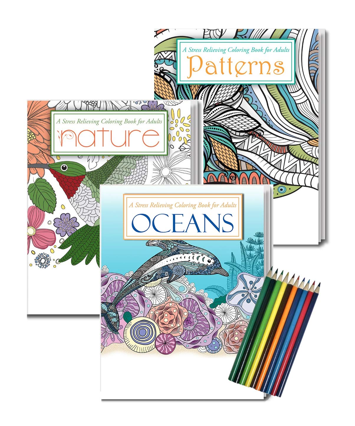 ZOCO - Gift Pack: 3 Adult Coloring Books Set with Colored Pencils - Oceans, Patterns, and Nature Coloring Books - Includes 10 Pre-sharpened Coloring Pencils