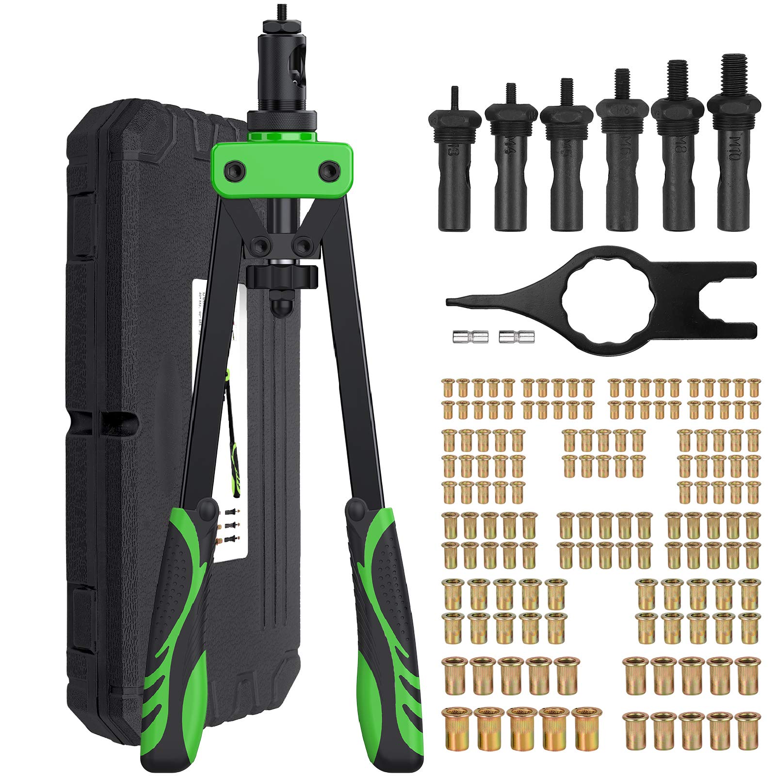 Proster Rivet Nut Pliers Set 14 Inch Professional Rivet Gun Riveting Pliers Set Double Handle Rivet Gun with 6 Pieces Interchangeable Mandrels Metric M3 M4 M5 M6 M8 M10 and 150 Pieces Rivet Nuts –