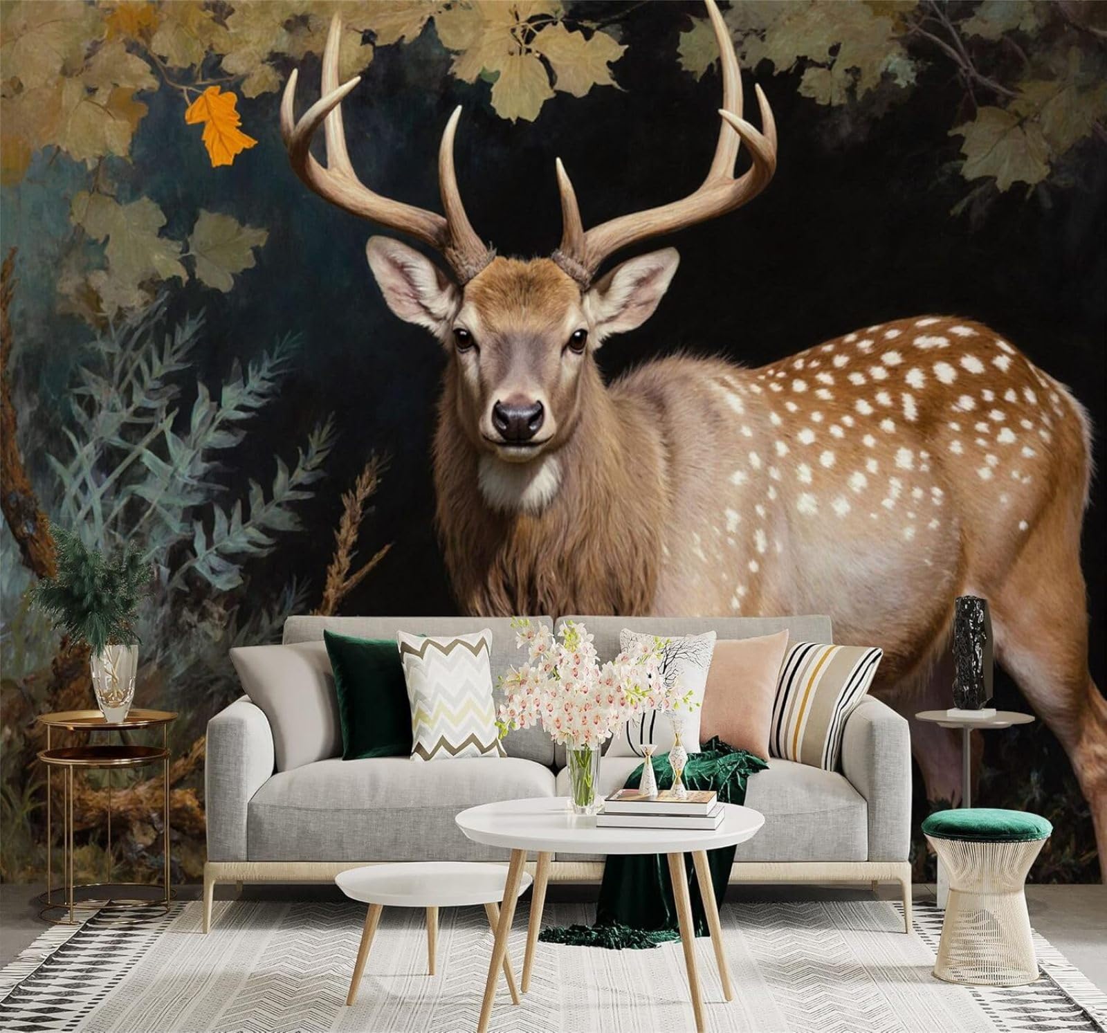 Tzxztt Three Dimensional Forest Autumn Leaves Deer Landscape Modern 3D Wallpaper Premium Textured Silk Neutral Tones Material Ideal for Living Room Bedroom-350cm×256cm