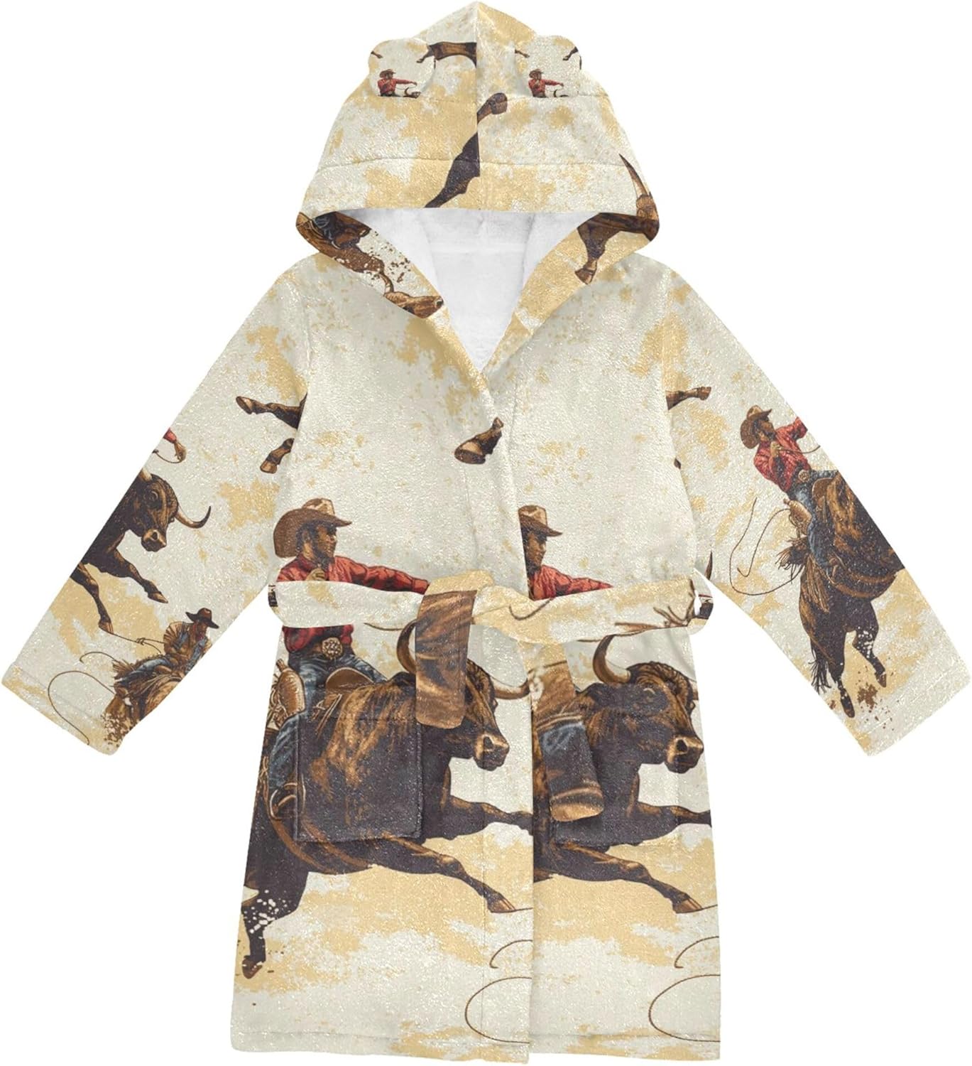 Cowboys Riding Bulls Bathrobe Hooded PJ Robe Soft Fleece Robe Pajama Sleepwears 2-12 Years