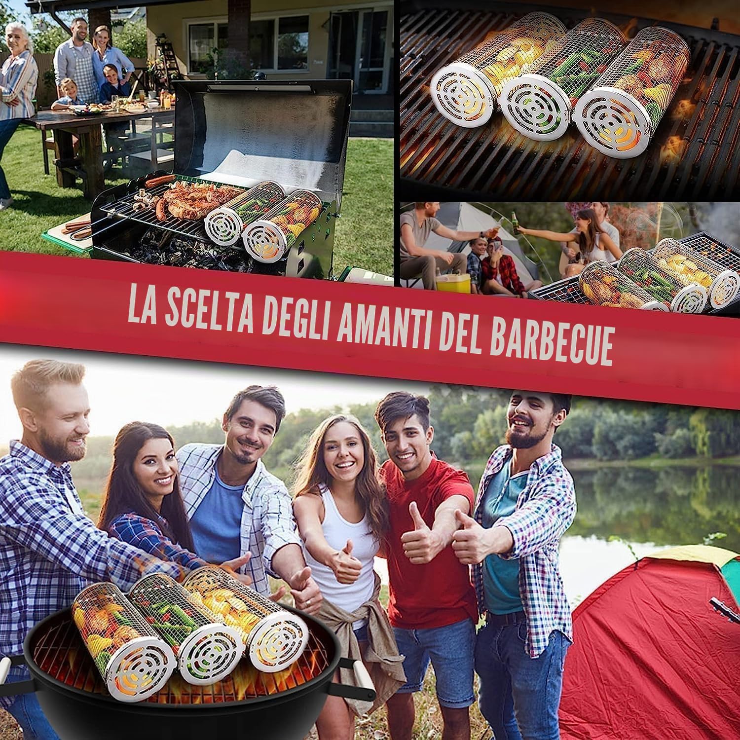 Cestino per griglia arrotolabile, cestino per grigliare all'aperto, barbecue rotondo in acciaio inox, griglia per barbecue, portatile da campeggio all'aperto, per verdure, patatine, pesce