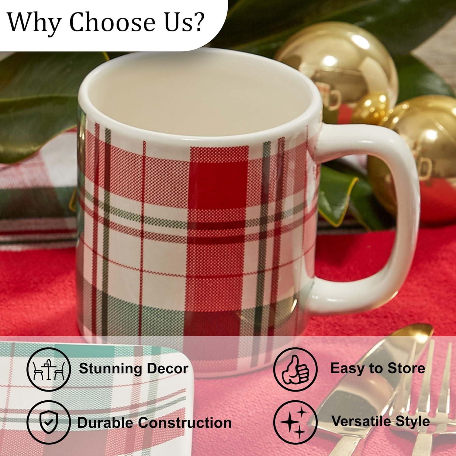 Split P Winter Botanic Plaid Mug Set of 4 | 16 oz White Ceramic Cups with Classic Red Green Pattern | Durable Dolomite Drinkware for Coffee Tea Cocoa | Microwave & Dishwasher Safe Kitchen Accent