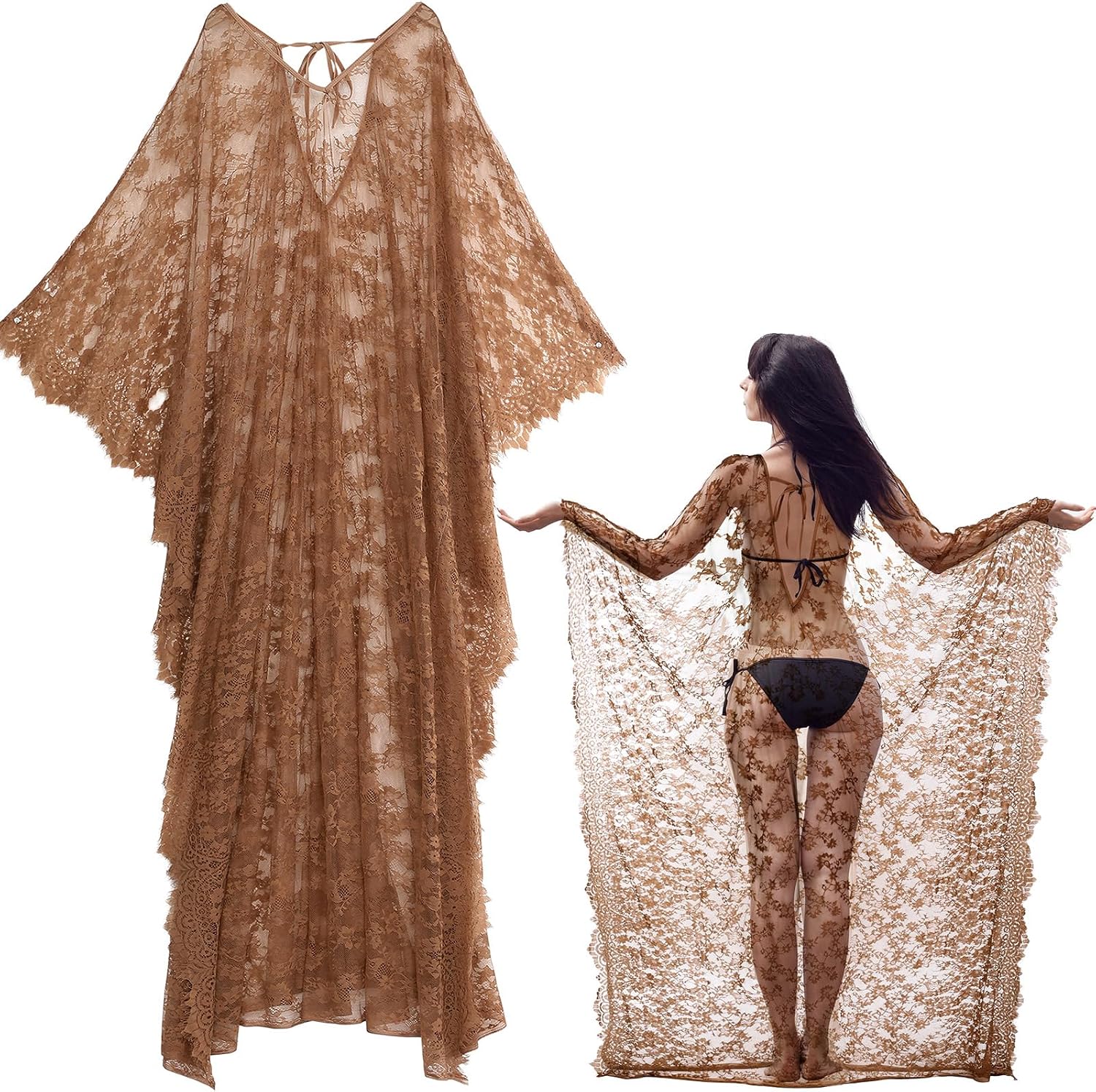Mepase Boho Witch Lace Kimono Kaftan Dress Robe Bikini Swimsuit Beach Cover up for Women Maternity Halloween Vampire Costume