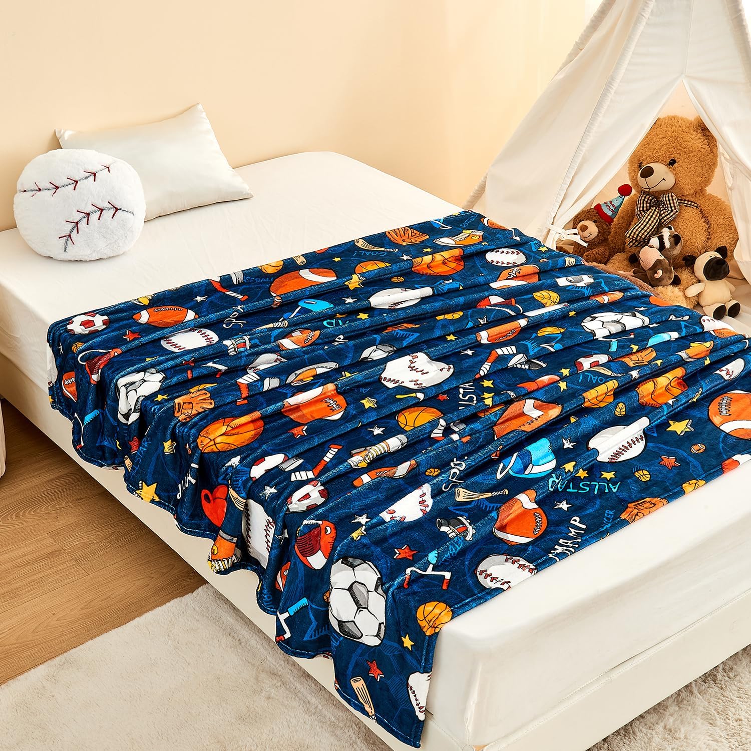 Wajade Sports Blanket for Boys,Soft Fleece 3D Soccer Basketball Baseball Football Kids Blanket for Couch Sofa Bedroom, Fuzzy Ball Throws for Kids Boys Teens,60"x80"