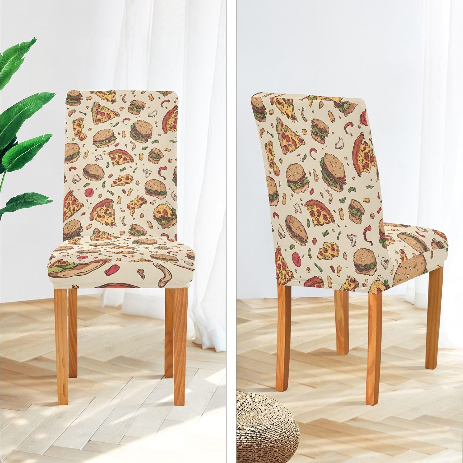 ALAZA Chair Covers for Dining Room, Pizza Hamburger Pattern Stretch Chair Cover Sets Chair Protector Removable Washable for Ktichen Restaurant Hotel