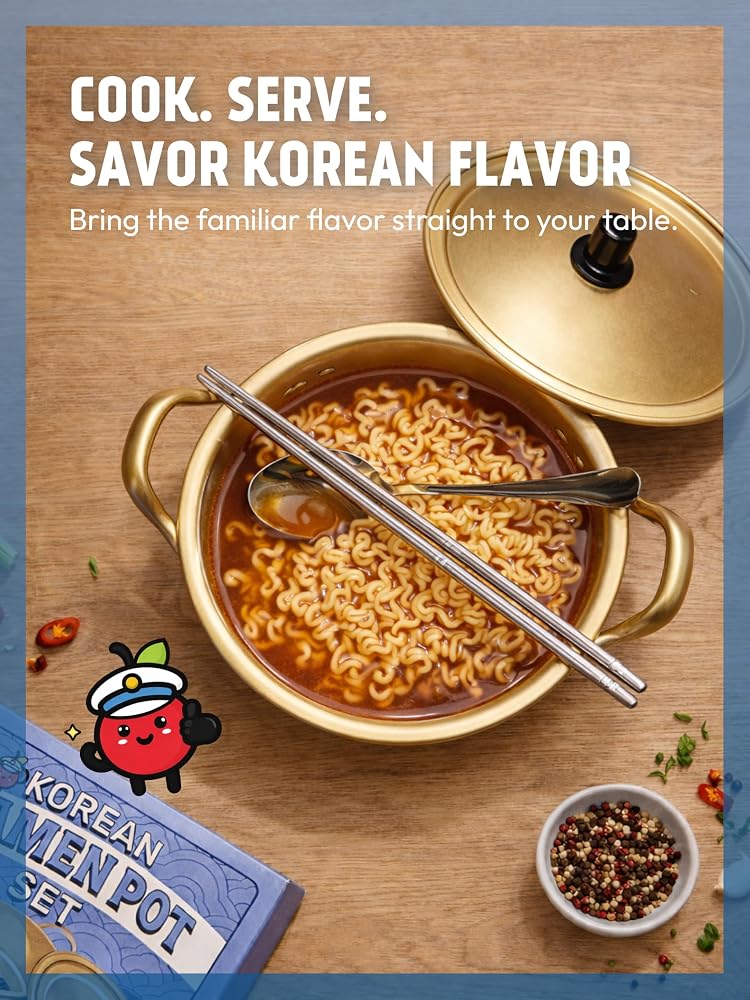 Buldak cooked and served in the gold Korean ramen pot