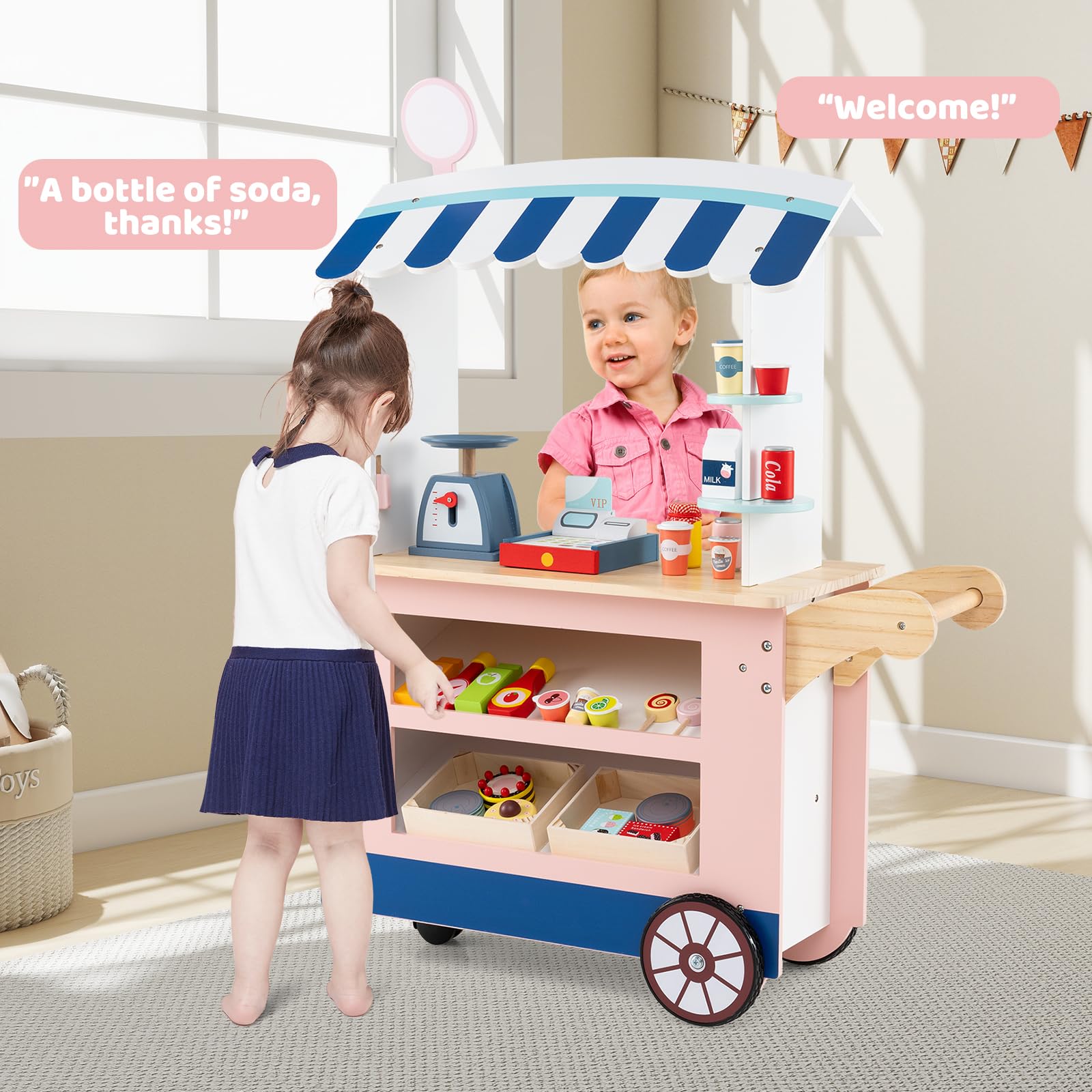 HOMASIS Kaufladen Kaufmannsladen Holz mit 30 Spielzubehör, Verkaufsstand Supermarkt-Set mit 3 Rädern, Lebensmittelwagen mit Kasse, POS & Waage, Verkaufswagen Rollspiel für Kinder ab 3 Jahren (Rosa)