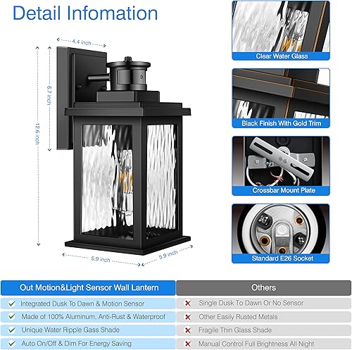 Miniatura 6 de VIANIS Luces de porche al aire libre con sensor de movimiento, luces de pared al aire libre del anochecer al amanecer, lámpara de luz exterior negra