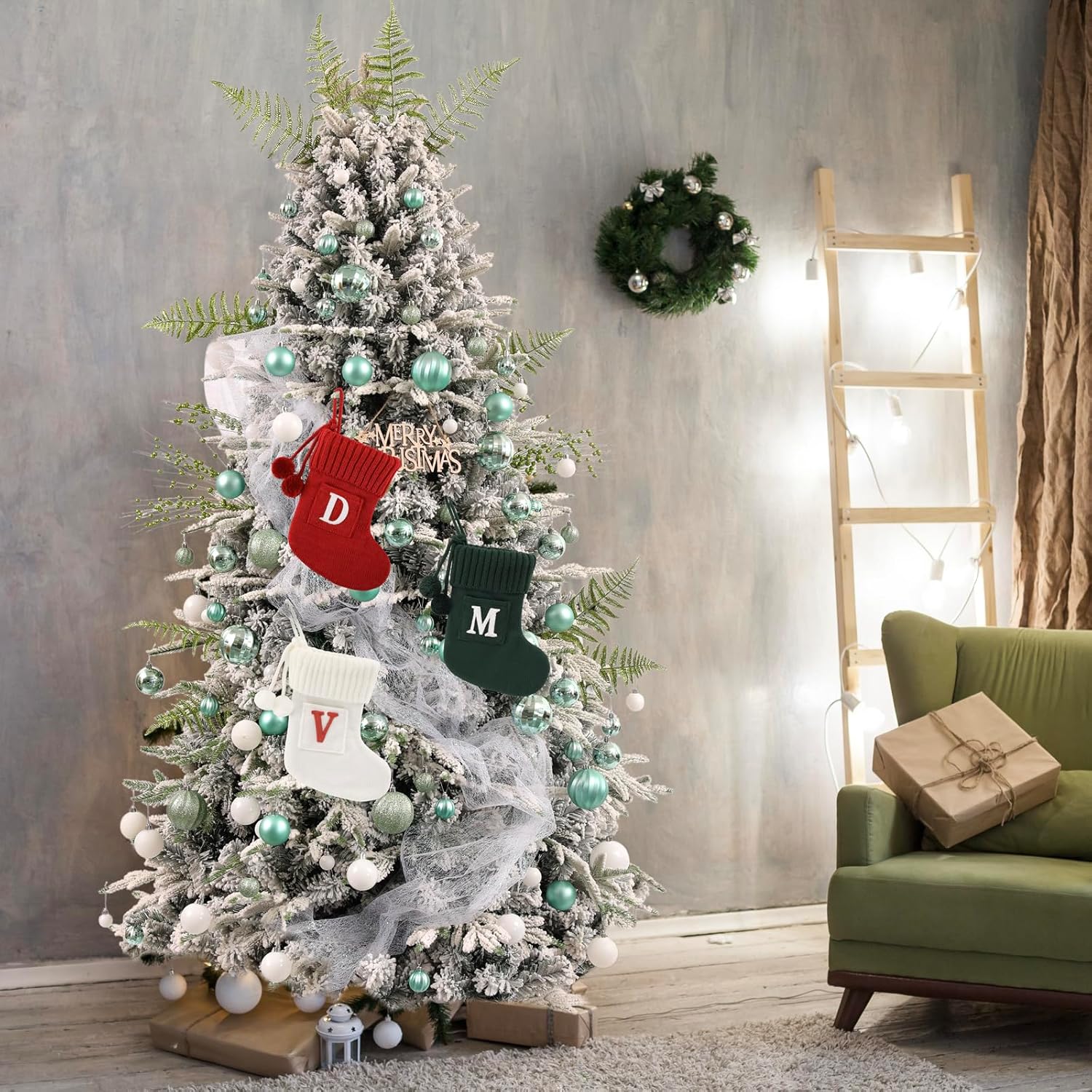 8.5 Inches Embroidered Letter Christmas Stocking Knitted Initials White Small Christmas Stockings for Family Holiday Decorations and Xmas Tree Fireplace-White-C-18