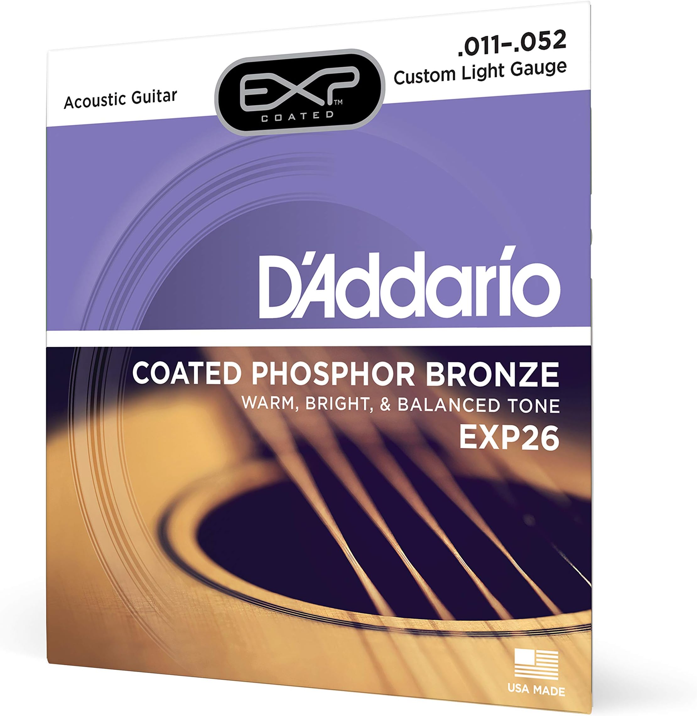 D'Addario EXP26 Coated Phosphor Bronze Acoustic Guitar Strings, Light, 11-52 – Offers a Warm, Bright and Well-Balanced Acoustic Tone and 4x Longer Life - With NY Steel for Strength and Pitch Stability