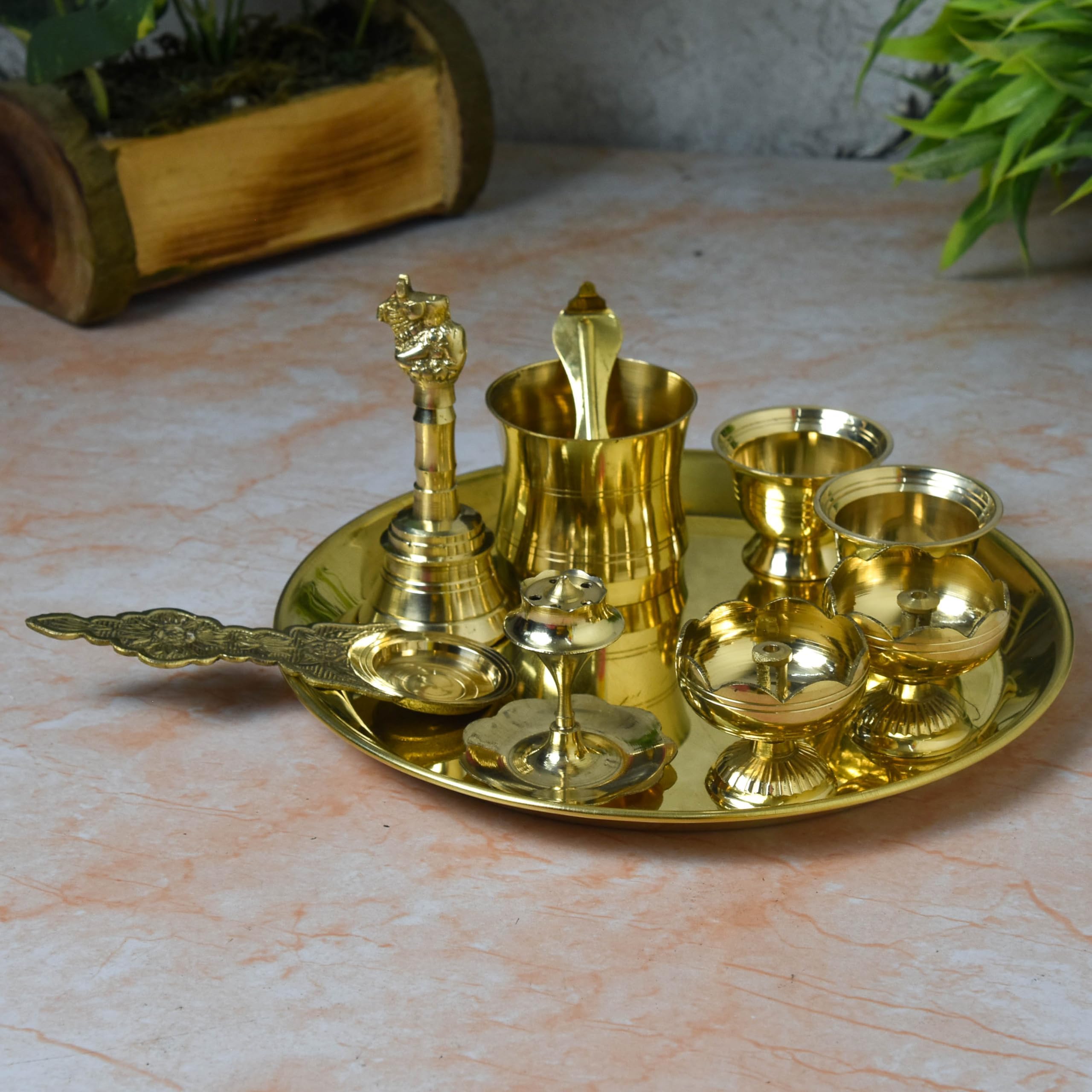 Neetu Arts 8-Inch Plain Brass Pooja Thali Set with Diyas, Kumkum Bowls, Agarbatti Stand & Accessories