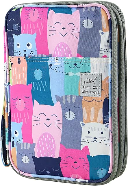 YOUSHARES 192 Slots Colored Pencil Case, Large Capacity Pencil Holder Pen Organizer Bag with Zipper for Prismacolor Watercolor Coloring Pencils, Gel Pens for Artist (Learning Cat)