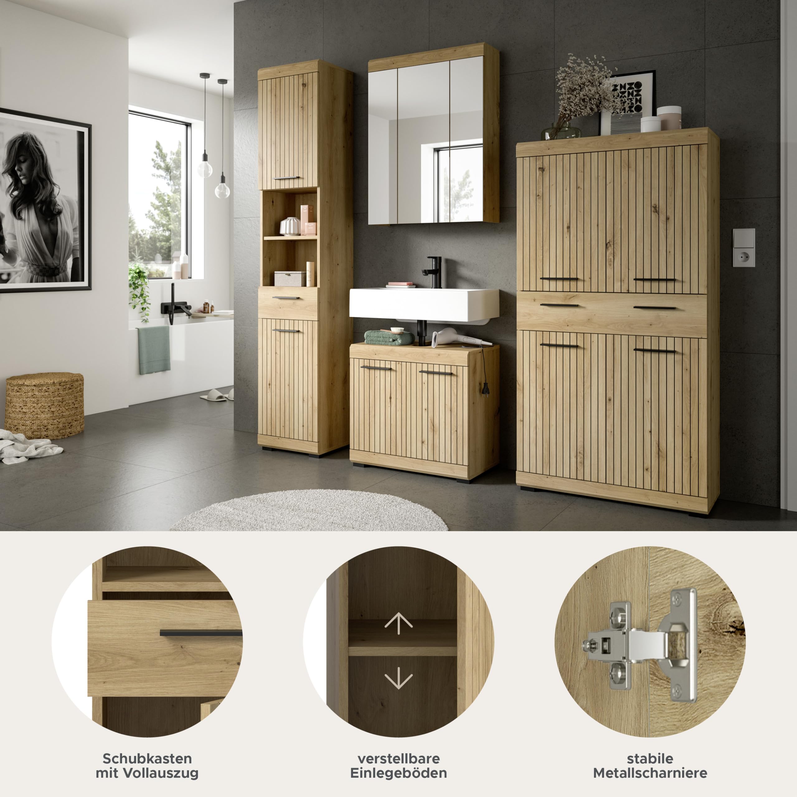 xonox.home – 4 TLG. Badkombination Scout 201x191x34 cm in Artisan & Schwarz – Set aus Hochschrank – Bild 6