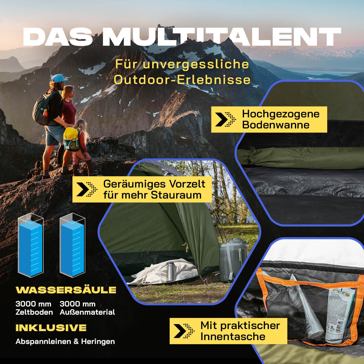 Lumaland Pop Up Zelt | 3-4 Personen Familienzelt | Wurfzelt 220x220x130 cm | Wasserdicht & Windfest | Ideal als Camping, Festival & Reise Zelt | Ultraleicht & Robust