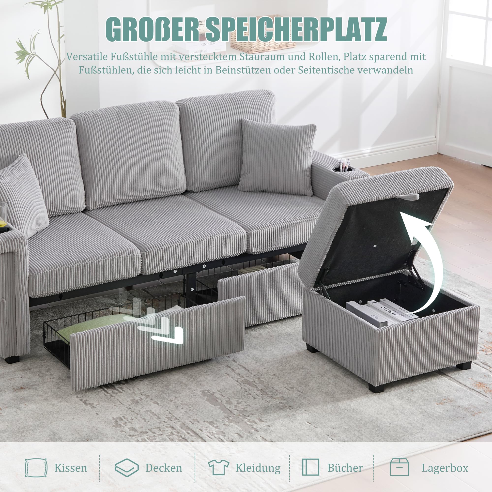 Sofá moderno de 3 a 4 plazas, reposabrazos con iluminación LED, puertos USB-C, prácticos portavasos y bolsillos laterales, reposapiés con compartimento contenedor, terciopelo, sofá modular