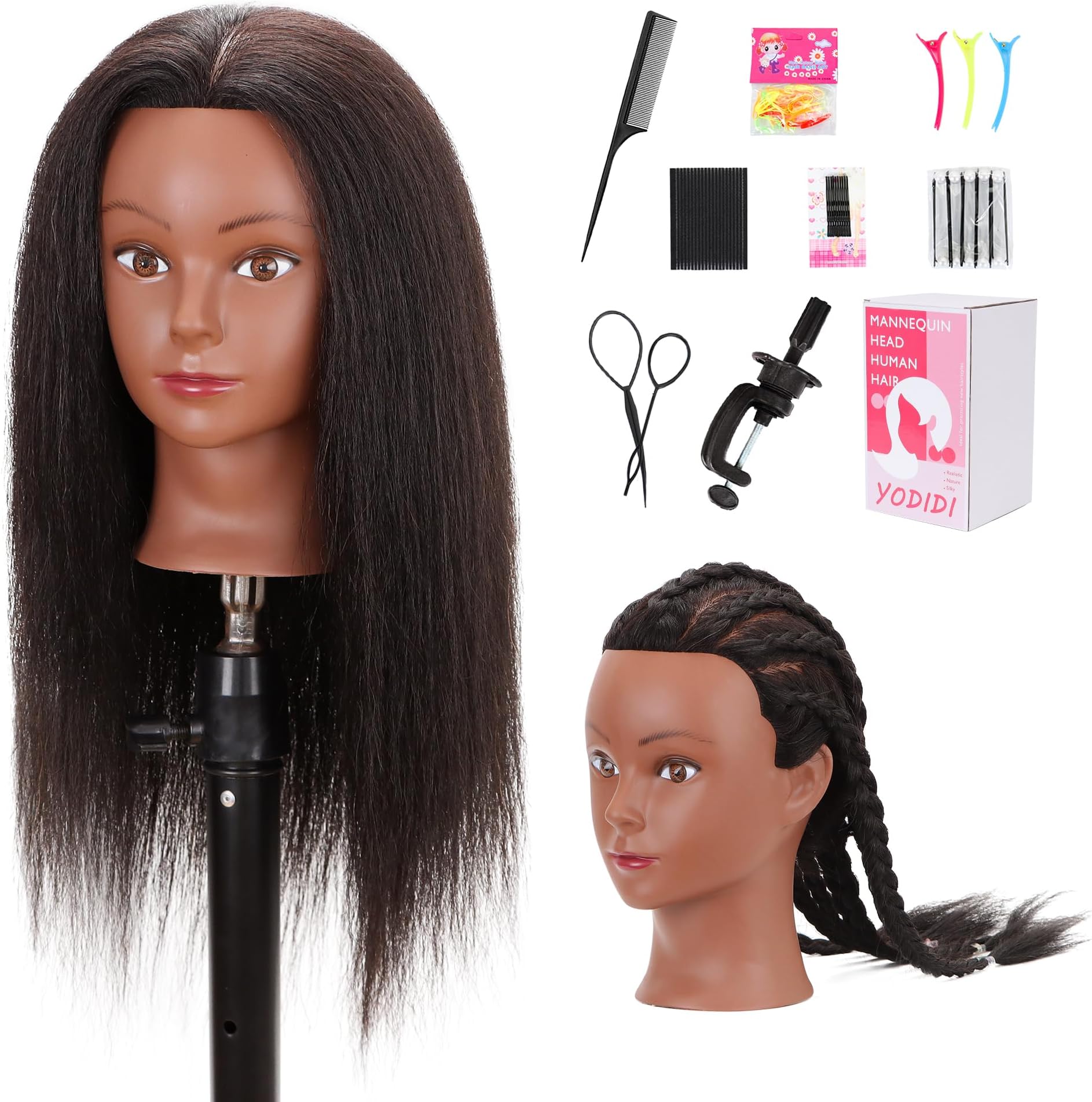 Mannequin Head Human Hair, Manikin Head with 100% Human Hair Cosmetology Doll Head for Hairdresser Practice Braiding Hair Styling with Table Clamp Stand and Tools (16 Inch)