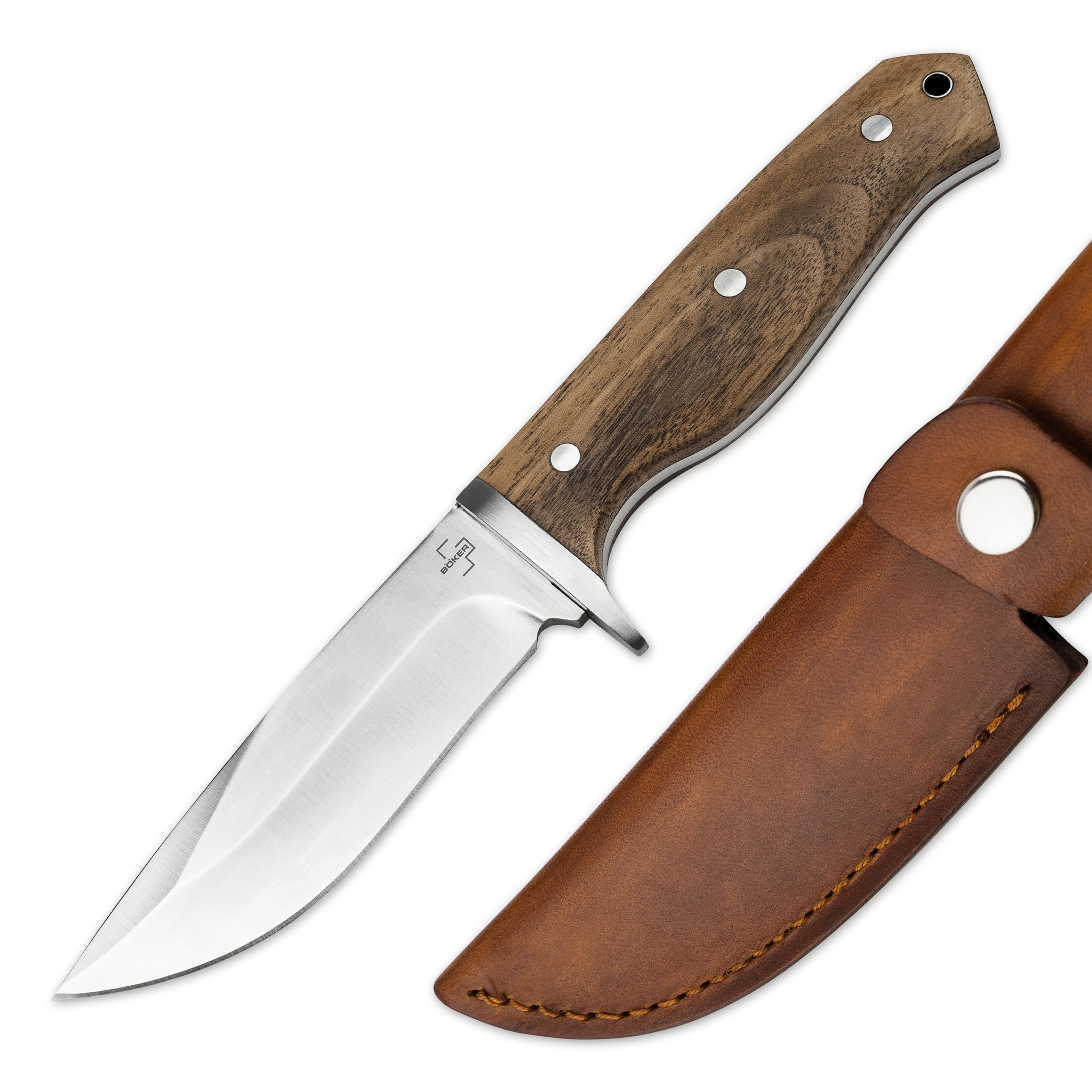 BÖKER PLUS® Walnut Drop Fahrtenmesser - feststehendes Bushcraft Messer mit 14C28N Sandvik Stahl unter 12 cm - Full Tang Outdoor & Jagdmesser extra scharf mit Holzgriff, Lederscheide & Parierelement