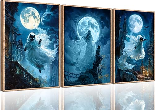 3 piezas de arte de pared de brujas fantasmas de Halloween, terror, espeluznante, melancolía, fantasma, azul, gato negro, lienzo, decoración de