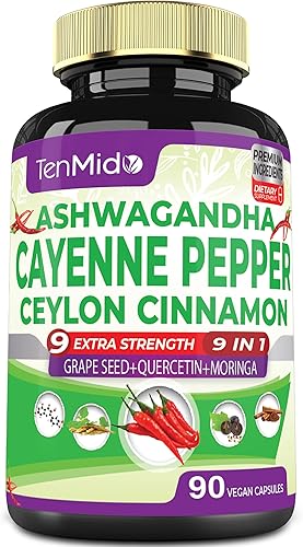 Cápsulas de suplementos de pimienta de cayena, suministro de 3 meses y Ashwagandha, canela de Ceilán, semilla de uva, quercetina, moringa, ginkgo