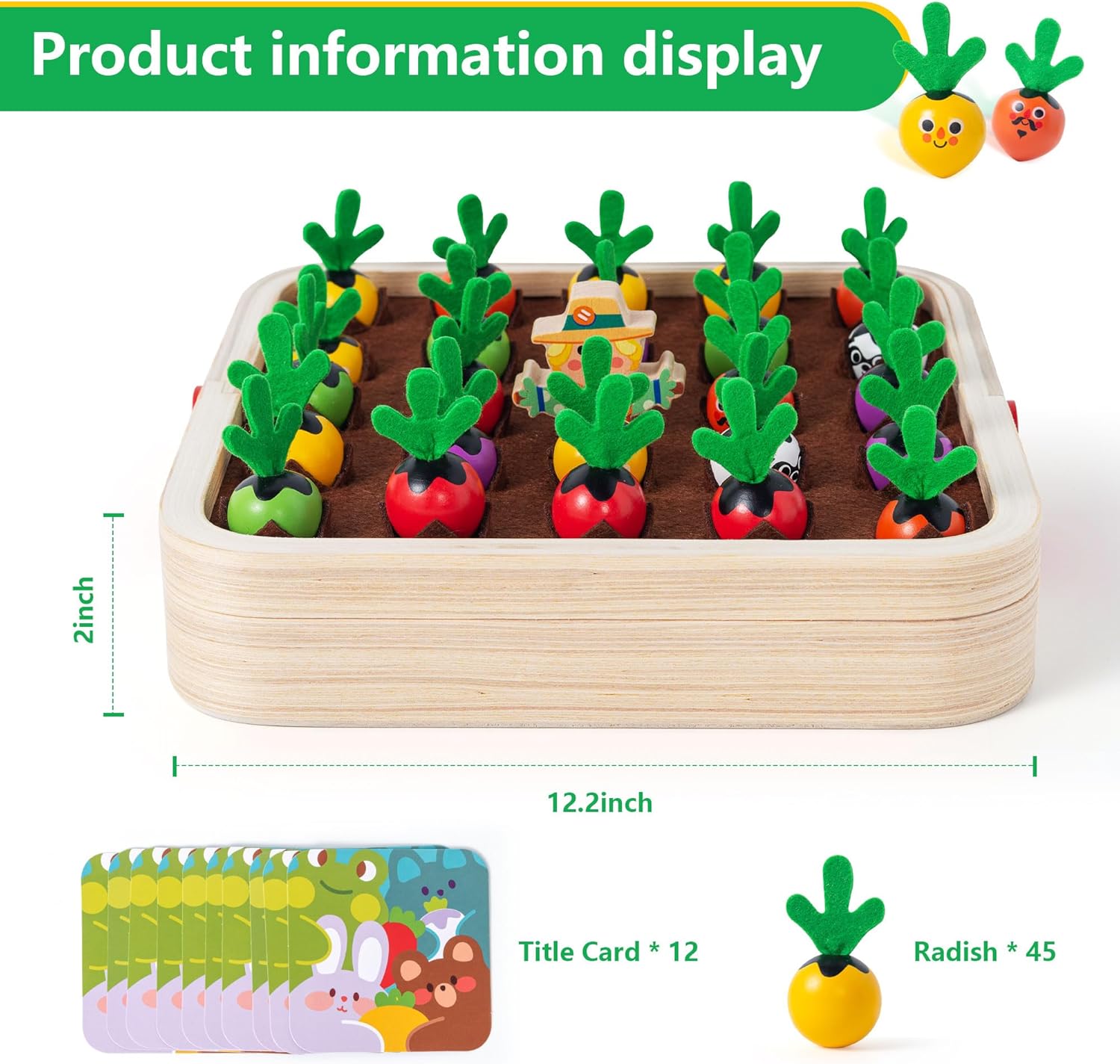 Montessori Kids Carrots Toy Carrot Harvest Game with 12 Challenge Cards Realistic Vegetables Storage Tray Educational Toys Shape Sorting Matching Puzzle Montessori Toys for Kids 3+