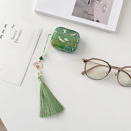 Miniatura 2 de Lucky Crane - Funda para AirPod Pro 2, funda verde de TPU suave protectora, a prueba de golpes, con llavero de borla de cuentas de abanico verde y