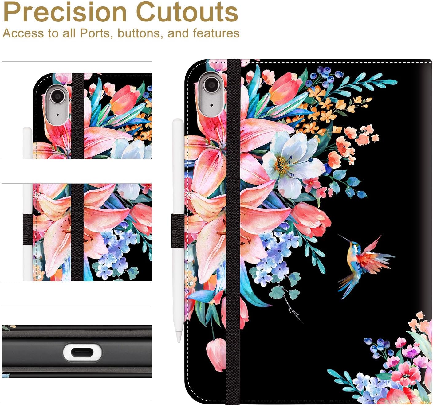 Vimorco Case for iPad (A16) 11th Generation 2025, for iPad 11th/10th Generation Case, Pencil Holder&Handle Strap&Pocket, Multiple Stand Protector PU Leather Shell Cover, Black Flower Hummingbird