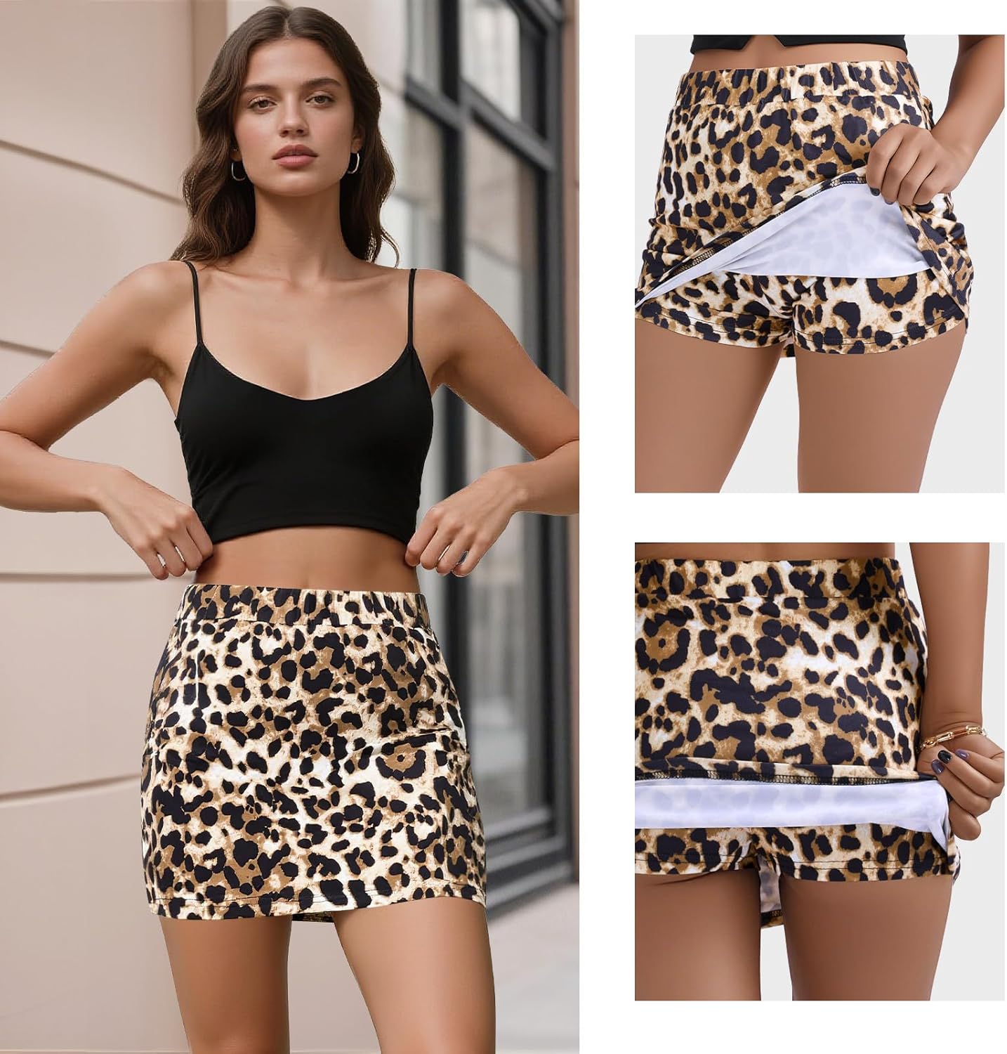 Mini Skirt Skort for Women Leopard Print Bodycon Short Skirts with Shorts Underneath Mid-Waisted Casual Club Skirt - Image 2
