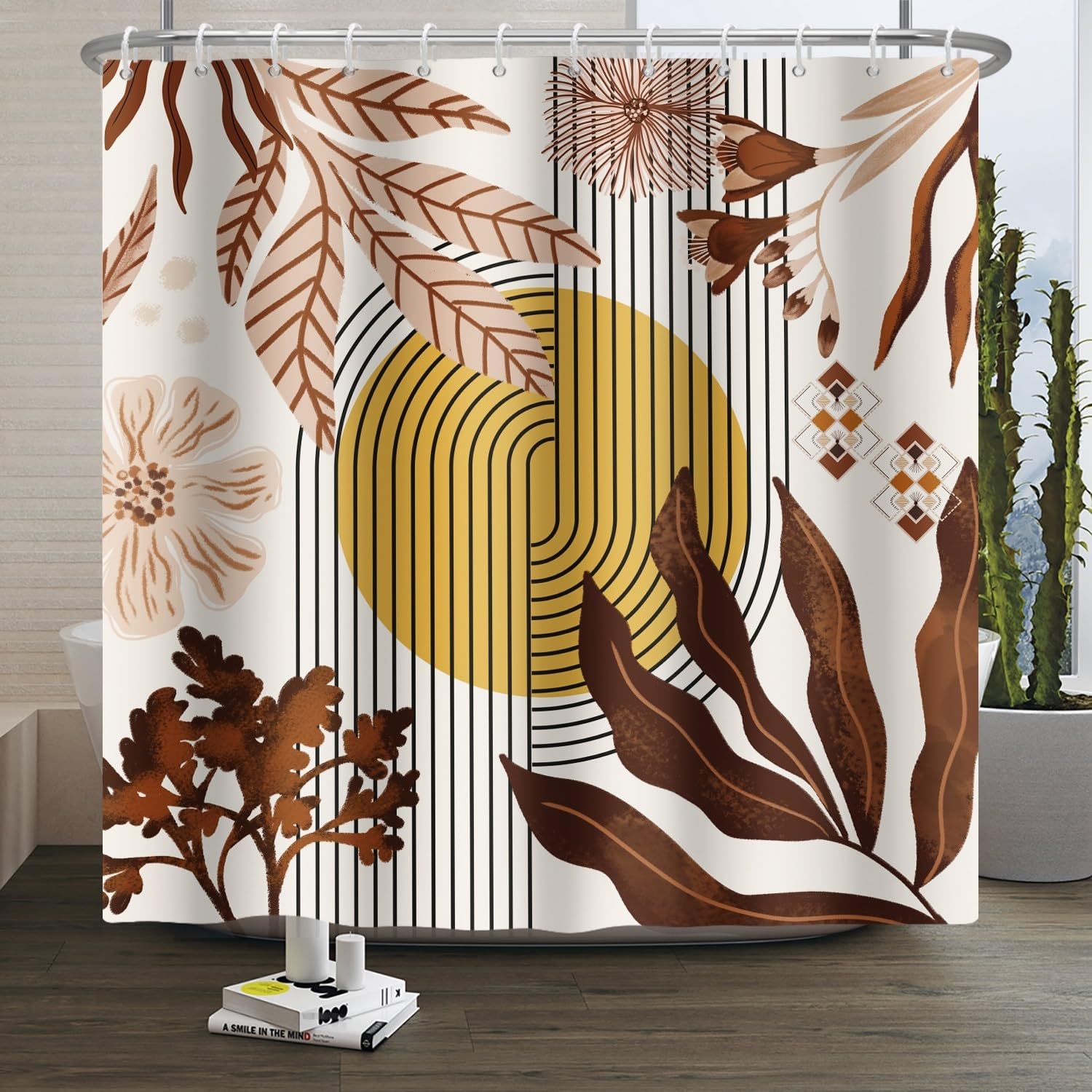 Xiaoterna Boho Shower Curtain Modern Minimalist Floral Shower Curtains Rustic Watercolor Flowers Brown Leaves Black Lines Mould and Mildew Resistant Machine Washable Bathroom Curtain 120x200cm