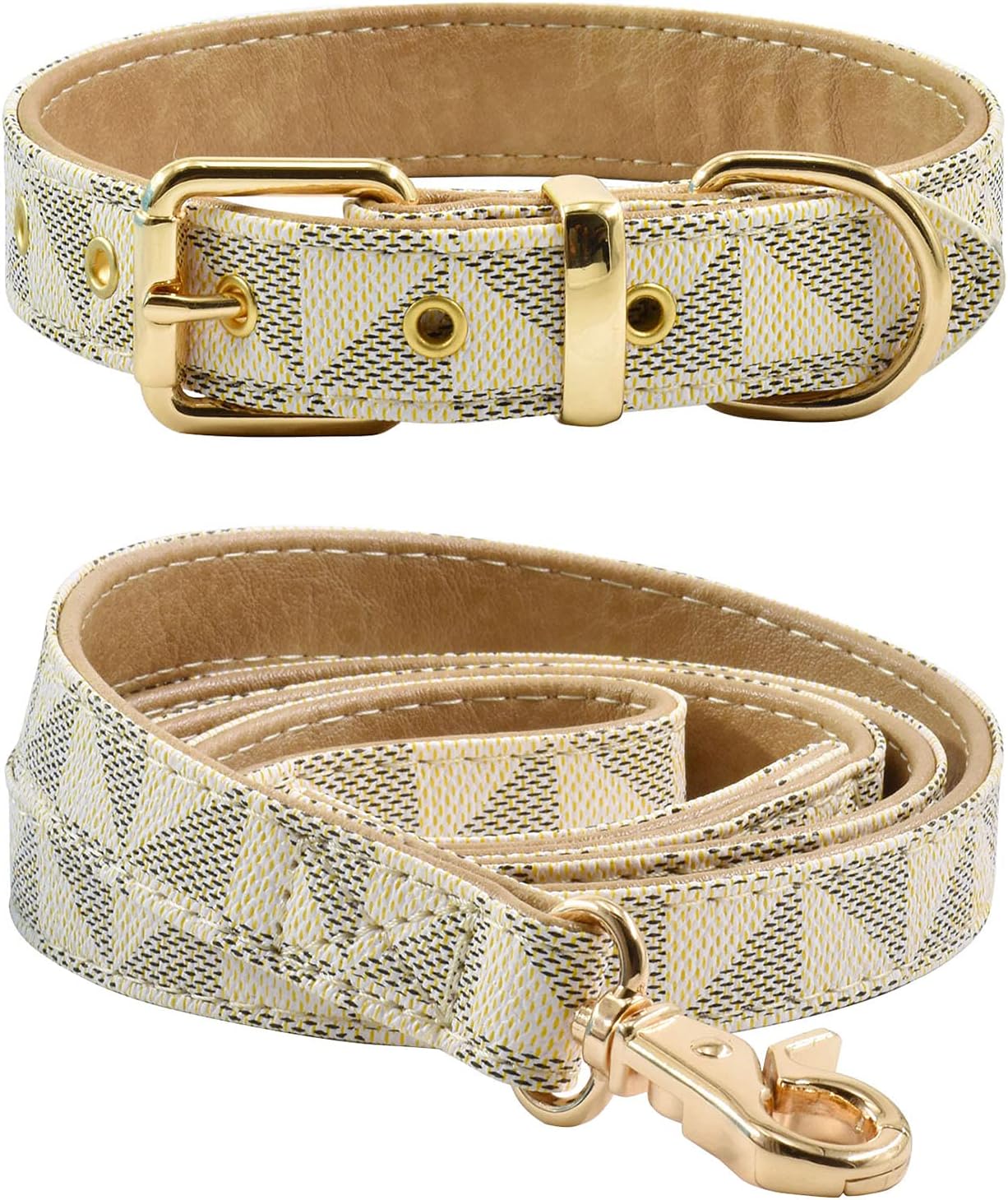 Leather Dog Collar and Leash Set, Check Pattern Dog Collar Leashes Metal Buckle Adjustable Durable for Small Medium Large Dogs