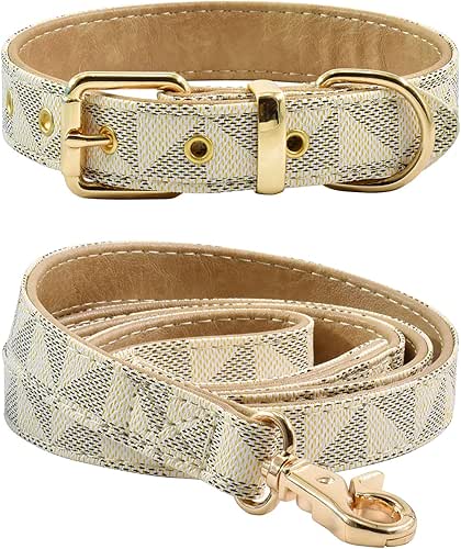 Leather Dog Collar and Leash Set, Check Pattern Dog Collar