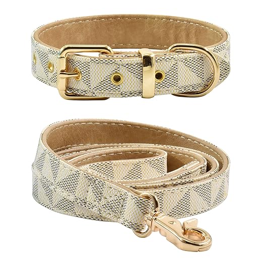 Leather Dog Collar and Leash Set, Check Pattern Dog Collar Leashes Metal Buckle Adjustable Durable for Small Medium Large Dogs (White, S(11.4-13.4IN))