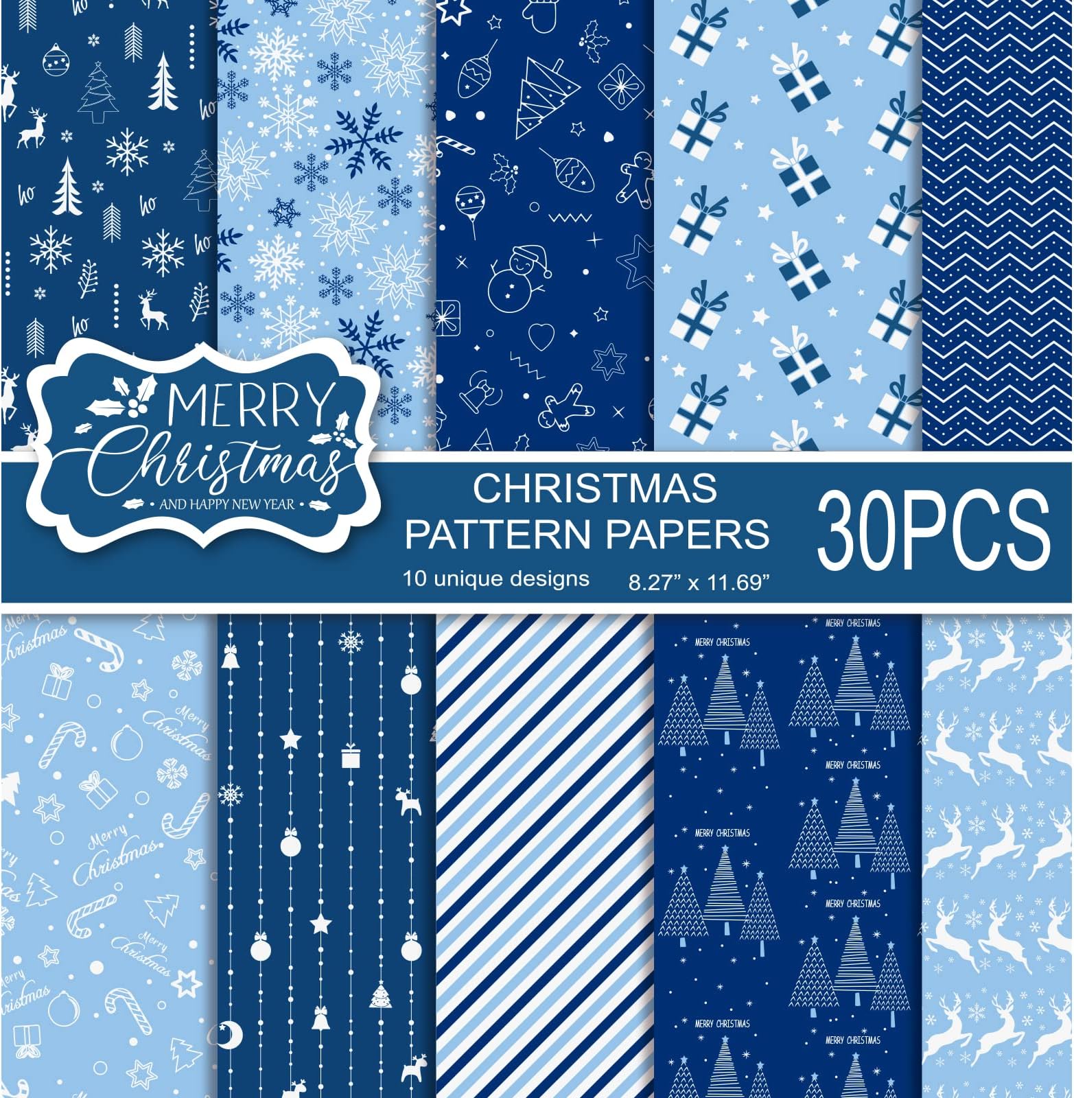 MIAHART 30 Sheets Merry Christmas Pattern Paper Set A4 Size 10 Designs Festival Decorative Craft Paper Double-Sided for Card Making Scrapbook, Blue and White